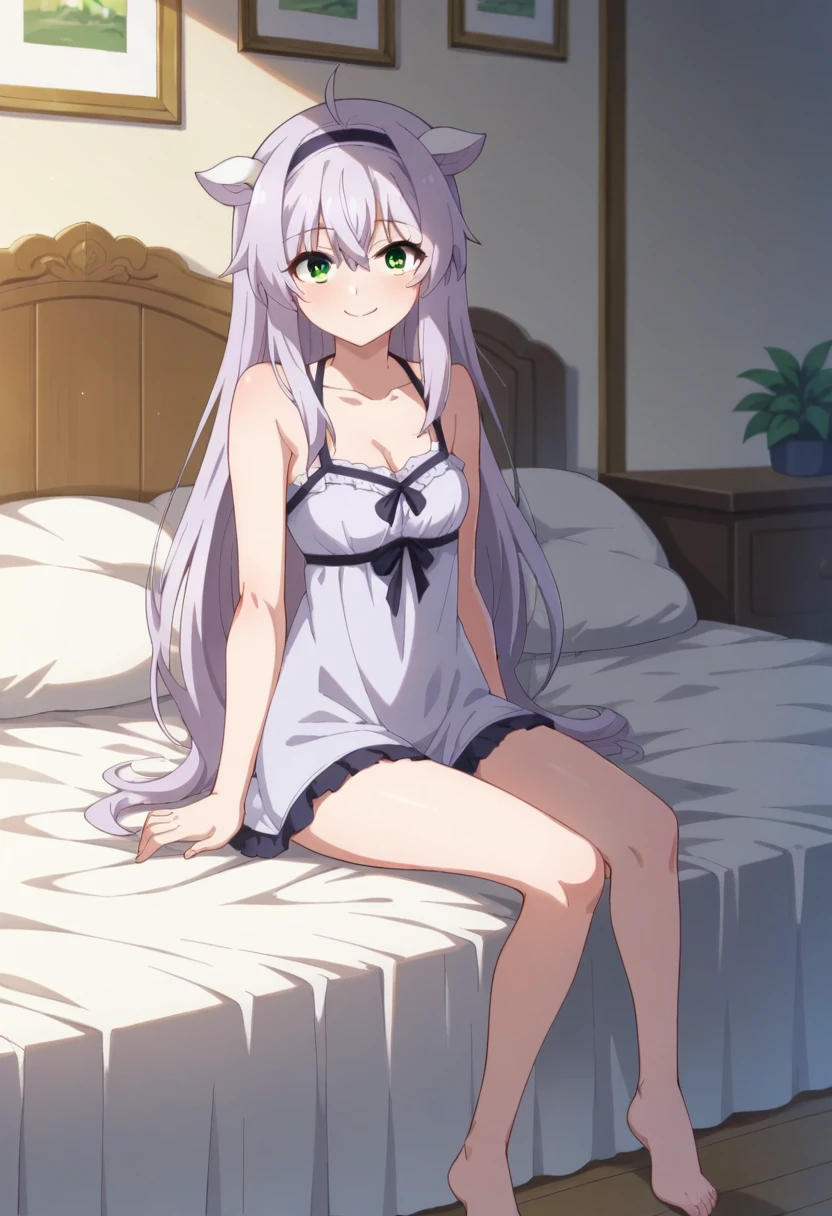 1girl, solo, long hair, hair flaps, green eyes, ahoge, nightgown, barefoot, <lora:PonyXL Sistine Fabel:1>, score_9, score_8_up, score_7_up, score_6_up, score_5_up, score_4_up , anime coloring ,BREAK source_anime, anime,
looking at viewer, smile,
indoors, bedroom, sitting on bed,