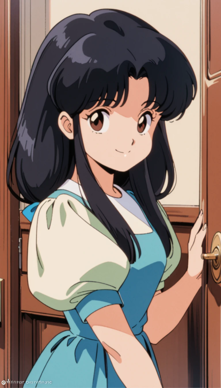 1girl, solo, smile, long hair, black hair, retro artstyle, brown eyes, puffy sleeves, door, looking at viewer, sidelocks, upper body, short sleeves, indoors, puffy short sleeves, shirt, bangs, parted bangs <lora:tendo akane_xl_v1:0.7>