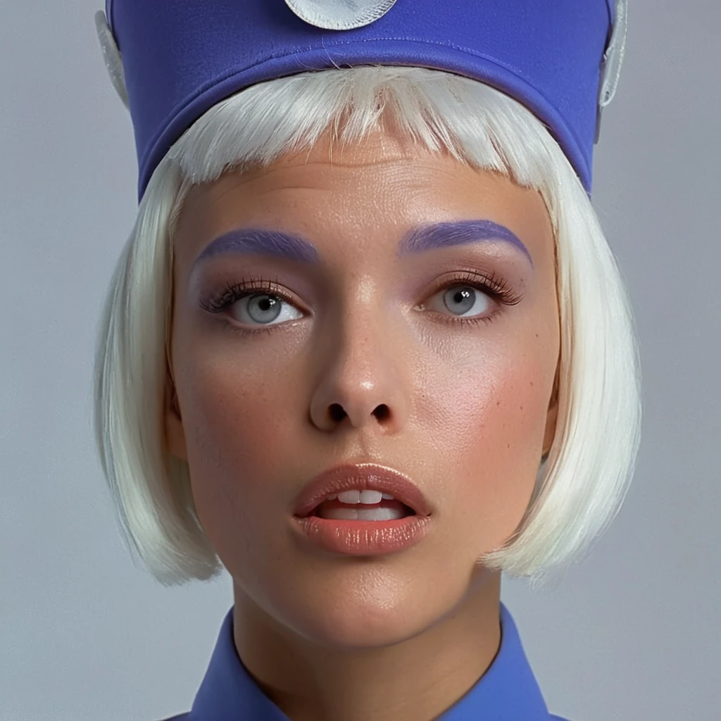 UHD, 4k, ultra detailed, cinematic, a photograph of <lora:add-detail-xl:0.9>1
<lora:detailed:0.3> detailed
<lora:perfection style:0.3> perfection
 <lora:Film Grain style:0.3> Film Grain style
 <lora:Le Cinquieme Element style:0.9>
In futuristic 2263 Air Hostess Flight attendant a woman with a blue hat and a white hair,1girl,solo,open mouth,simple background,white hair,teeth,lips,eyelashes,portrait,close-up,freckles,realistic , 23rd century, realistic, cinematic, film, movie, sci fi, science fiction, action film, The Fifth Element style, Le Cinquieme Element style, perfect horny expression, detailed, surprised eyes, strabismus squint eyes, epic, beautiful lighting, inpsiring