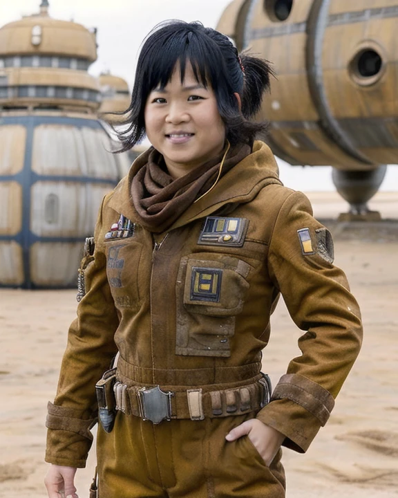 <lora:rosetico_lora:0.8>, rosetico, woman, asian, cute, pretty, female, kelly marie tran, (solo:1.2), 1girl, light beige skin, slight smile, black ponytail hair with bangs, wearing gold coveralls and brown scarf, wearing bandolier belt, wearing brown boots, posed portrait, wide shot, outdoors, (sci-fi planet surface:1.3), star wars