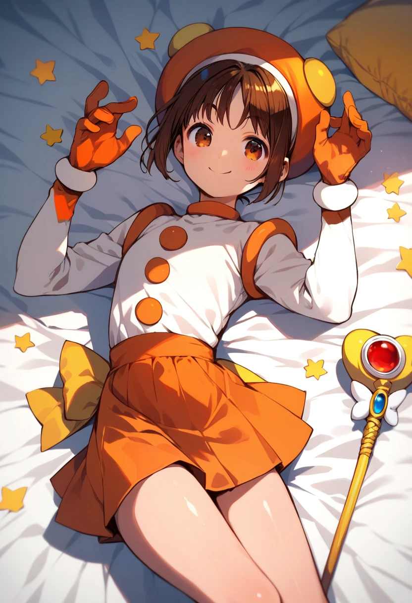 score_9, score_8_up, score_7_up, score_6_up, score_5_up, score_4_up,source_anime,
1girl, solo,
<lora:hananokouji kurara-000003:1.0>, hananokouji kurara, brown hair, bangs, hat, brown eyes, gloves, skirt, white shirt, long sleeves, magical girl, orange skirt, red gloves, yellow ribbon on back, wand,
(lying:1.5), smile, shiny skin,