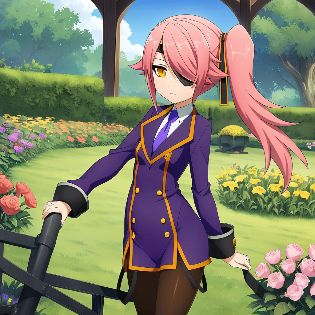 anime artwork illustrating Konoe_Ayatsuki_Mercury \(XB\),1girl, solo, long hair, long sleeves, dress, yellow eyes, pink hair, breasts, small breasts, pantyhose, necktie, hair over one eye,purple uniform, side ponytail, orange eyes, eyepatch,garden,grass. created by japanese anime studio. highly emotional. best quality, high resolution, Konoe_Ayatsuki_Mercury \(XB\),1girl, solo, long hair, long sleeves, dress, yellow eyes, pink hair, breasts, small breasts, pantyhose, necktie, hair over one eye,purple uniform, side ponytail, orange eyes, eyepatch,garden,grass, lush,, celestial