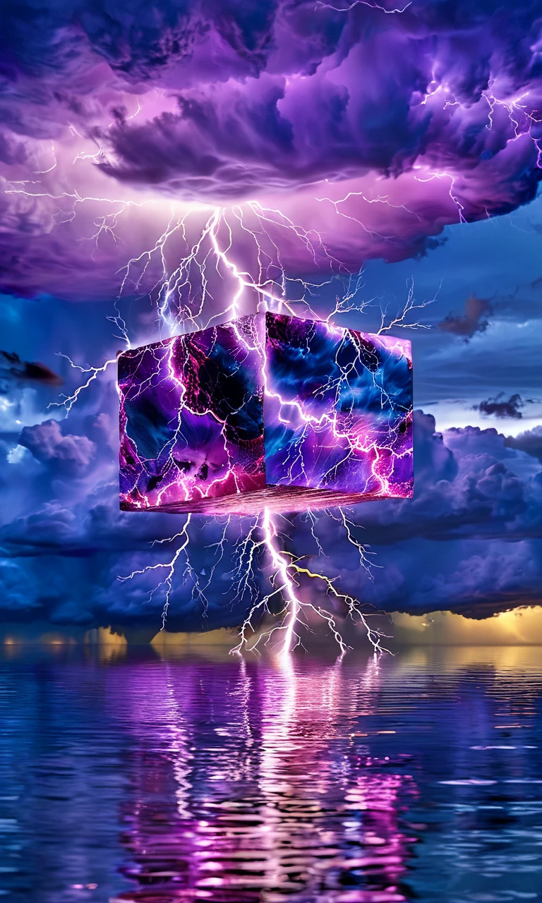 cube impression, Electric energy explosion, vibrant colors, purple and pink hues, lightning bolts, water reflection, ominous clouds, dusk sky, high dynamic range, detailed texture, surreal, digital art, high-resolution image, speculative phenomenon, visual effects, calm water surface, energy discharge, sci-fi atmosphere, marine setting.,<lora:cube_XL:0.8>