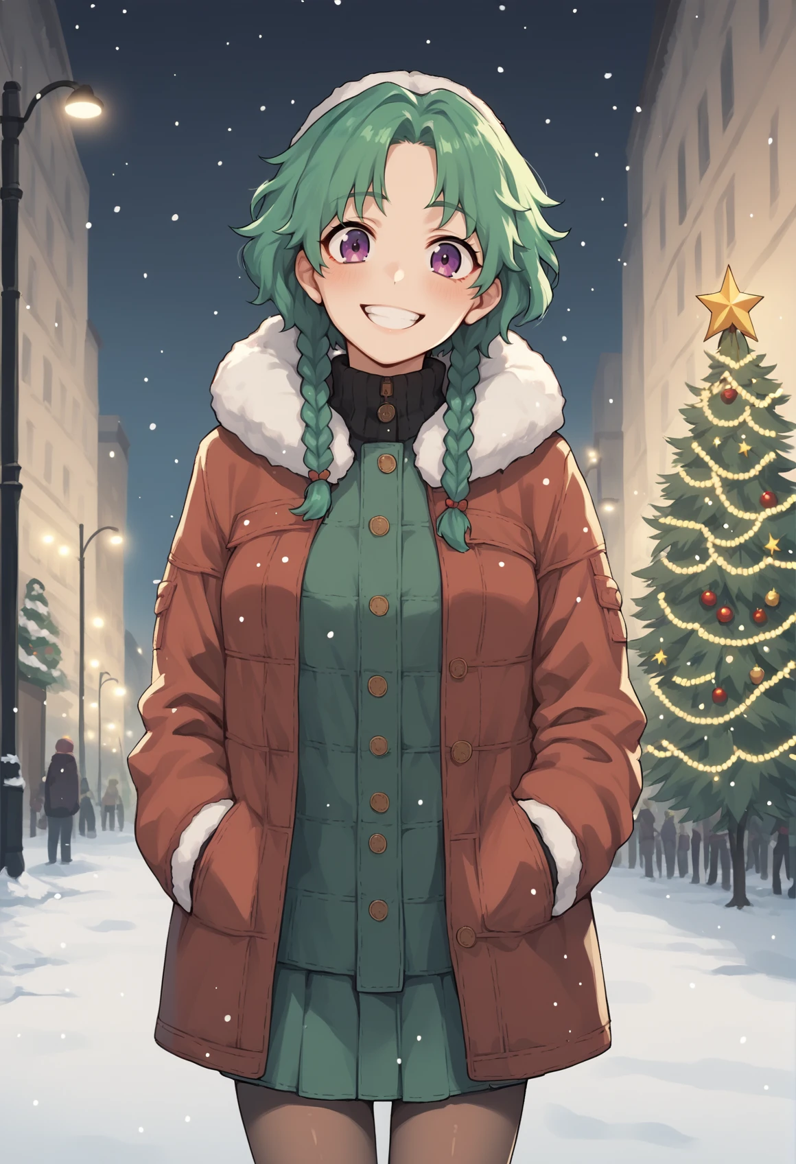1girl, green hair, short hair, braids, purple eyes, winter clothes, coat, fur trim, skirt, pantyhose, cowboy shot, medium breasts, snow, danging, outdoors, city, lights, christmas tree, smile, teeth, blushing, looking at viewer, tilt head <lora:Salome:1>, score_9, score_8_up, score_7_up, score_6_up, score_5_up, score_4_up, BREAK source_anime, masterpiece