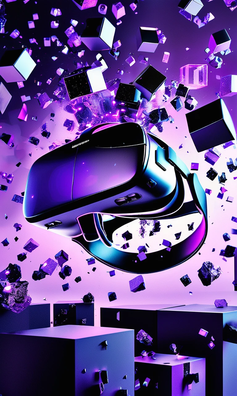 cube impression, Virtual reality headset, exploding fragments, dynamic composition, 3D rendering, technology, futuristic, high quality, immersive experience, black and purple color scheme, <lora:cube_XL:1>