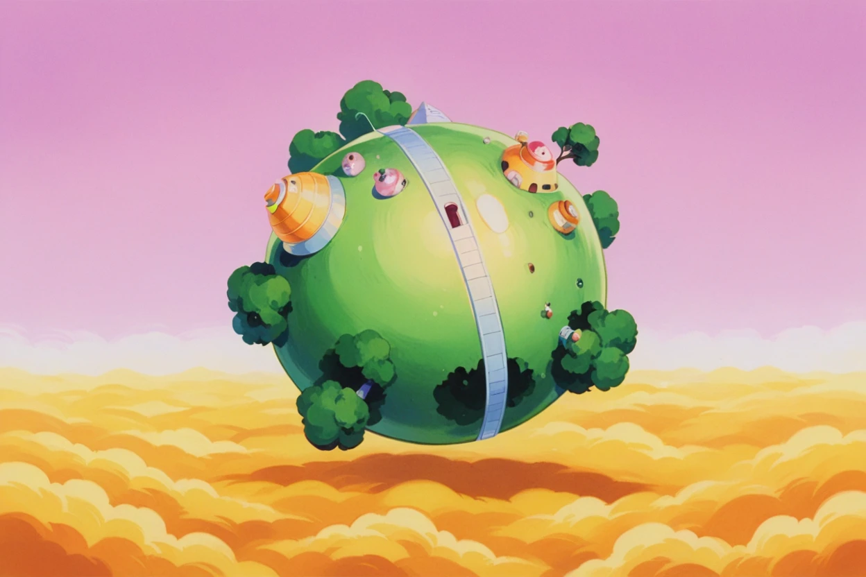 score_9, score_8_up, score_7_up, score_6_up BREAK retro artstyle, kai planet, planet,wide shot, scenery, pink sky, yellow cloud, tree, house <lora:OtherworldPony:1>