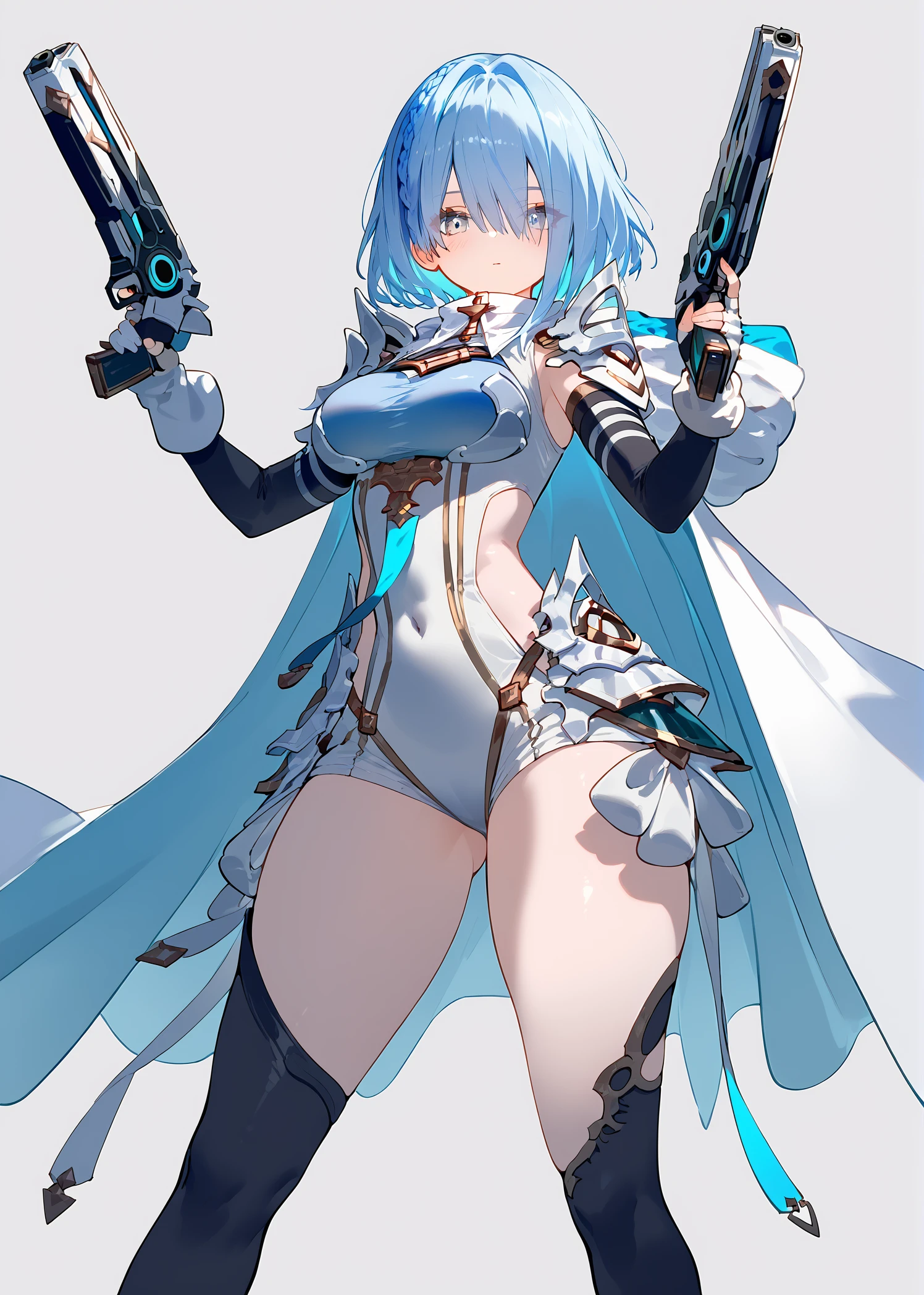 score_9,score_8_up,score_7_up,score_6_up,1girl,solo,holding,weapon,dual wielding,handgun,gun,(thighhighs:0.9),finger on trigger,blue hair,short hair,grey eyes,Gradient eyes,looking at viewer,simple background,boots,leotard,holding gun,bangs,covered navel,armor,thigh boots,medium breasts,closed mouth,ass visible through thighs,gloves,white glove,black thighhighs,fingerless gloves,shoulder armor,elbow gloves,high heels,braid,white cape,hands up,pauldrons,cloak,high heel boots,legs apart,parted lips,multicolored hair,asymmetrical legwear,expressionless,blush,shiny,eyes visible through hair,hair between eyes,cowboy shot,simple background,white background,standing,close-up, <lora:Soraitse-nnV2:1>,<lora:pottsness_style_xl:1>,