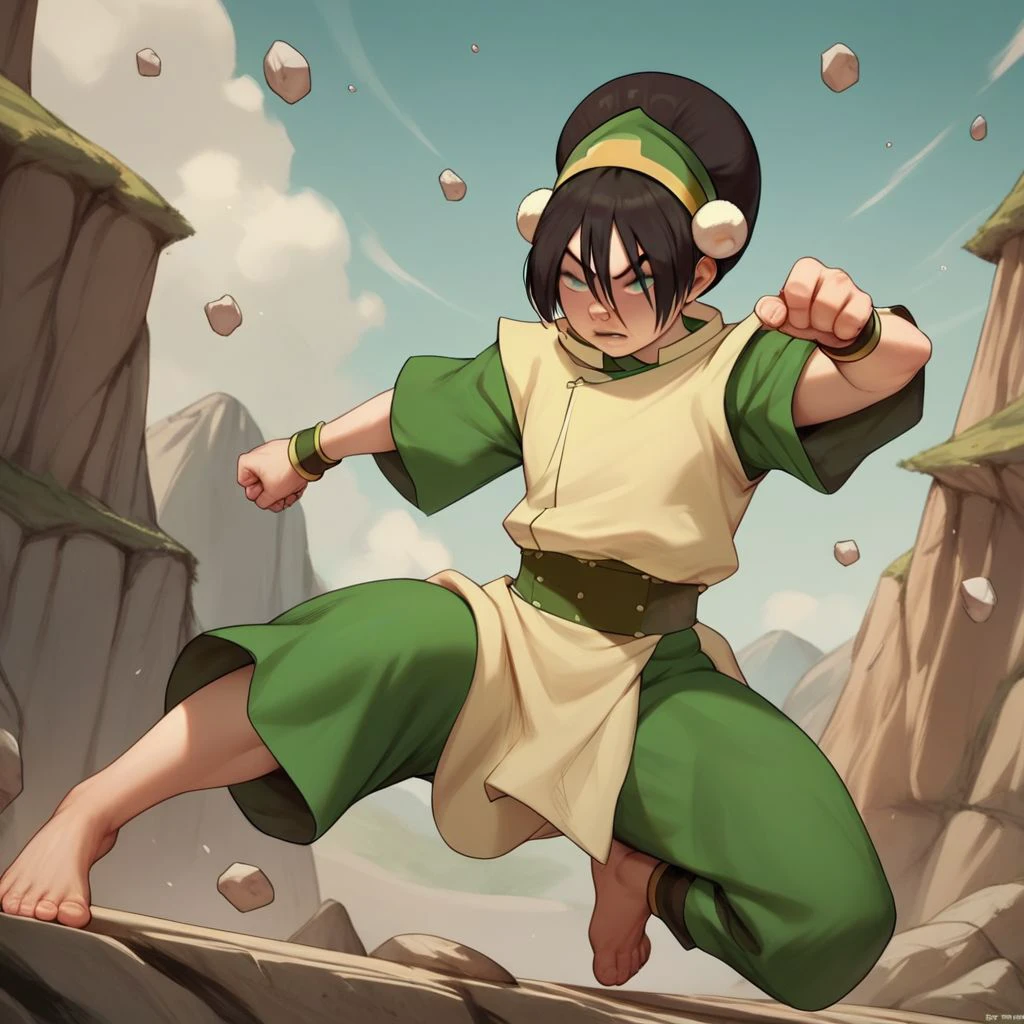 score_9, score_8_up, score_7_up, score_6_up, score_5_up, score_4_up, rating_explicit, 1girl, Toph, blind, fighting stance, surrounded by floating rocks, flying rocks, barefoot, rocky terrain