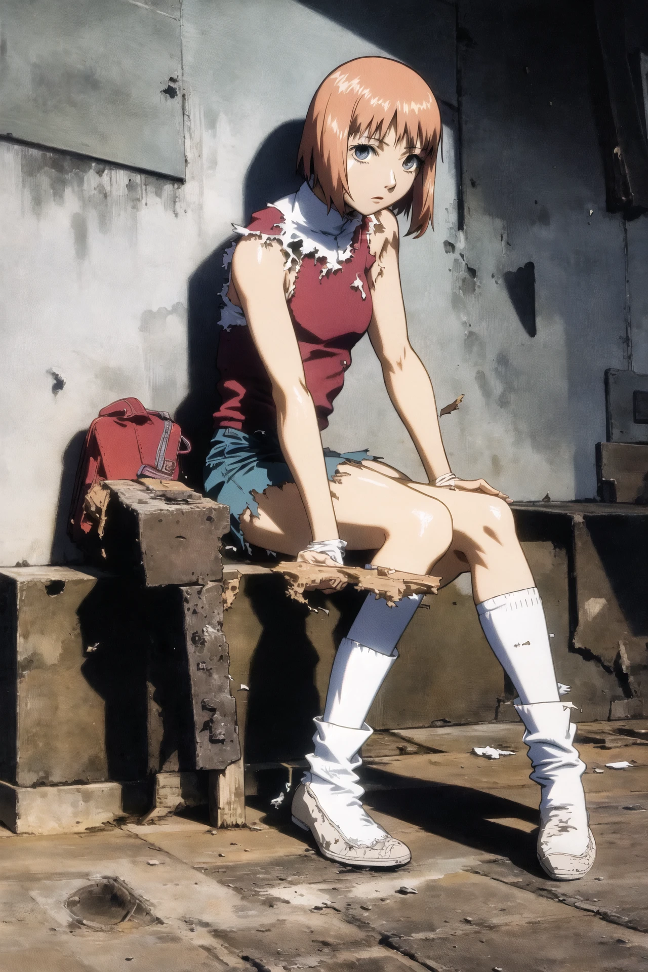 suzuki mikura, mezzo forte, 1girl, solo, torn clothes, torn legwear, 1990s \(style\), full body, sitting <lora:90sv3.0R:0.6>