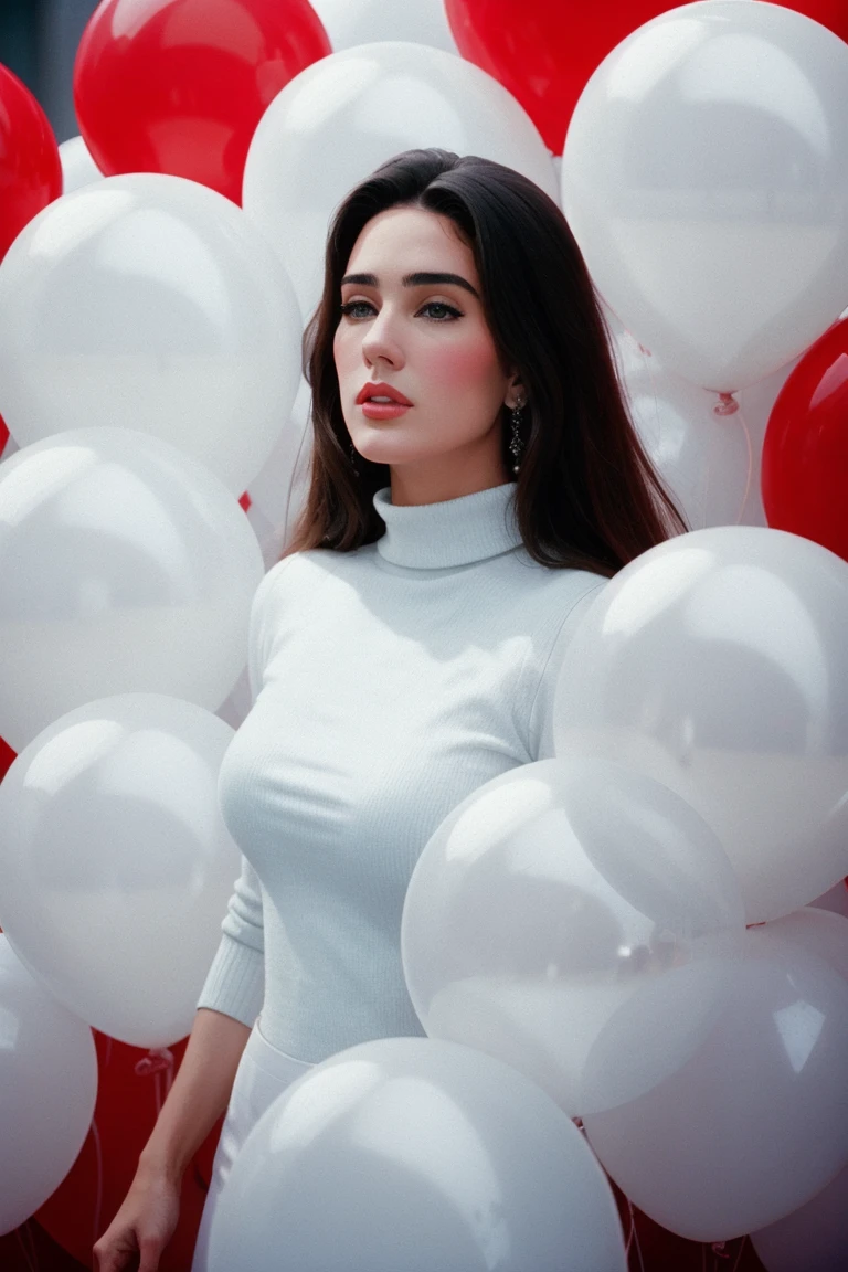 <lora:jenniferconnelly-04:0.6>,jenniferconnelly, , photo of a woman,  ,fashion portrait photo of a woman from the 60s wearing a red turtleneck standing in the middle of a ton of white balloons, taken on a hasselblad medium format camera