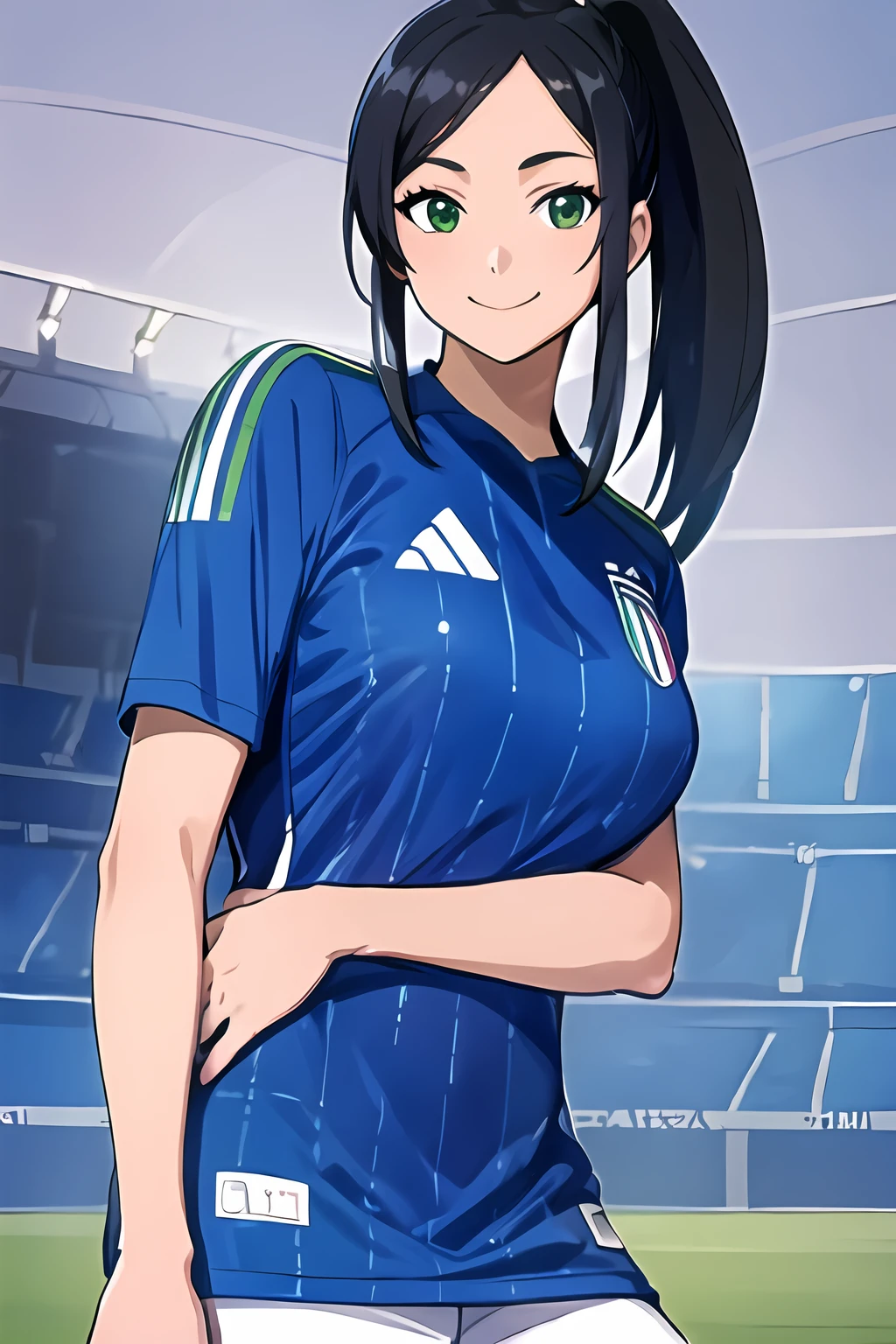 <lora:SC-Italia_Shirt_2024:1>, 1t4l14, soccer uniform, sportswear, shirt, shorts, cowboy shot, 1girl, looking at viewer, black hair, ponytail, smile, soccer stadium, green field, massive breasts, (extremely detailed CG unity 8k wallpaper), (best quality), (ultra-detailed), (best illustration)