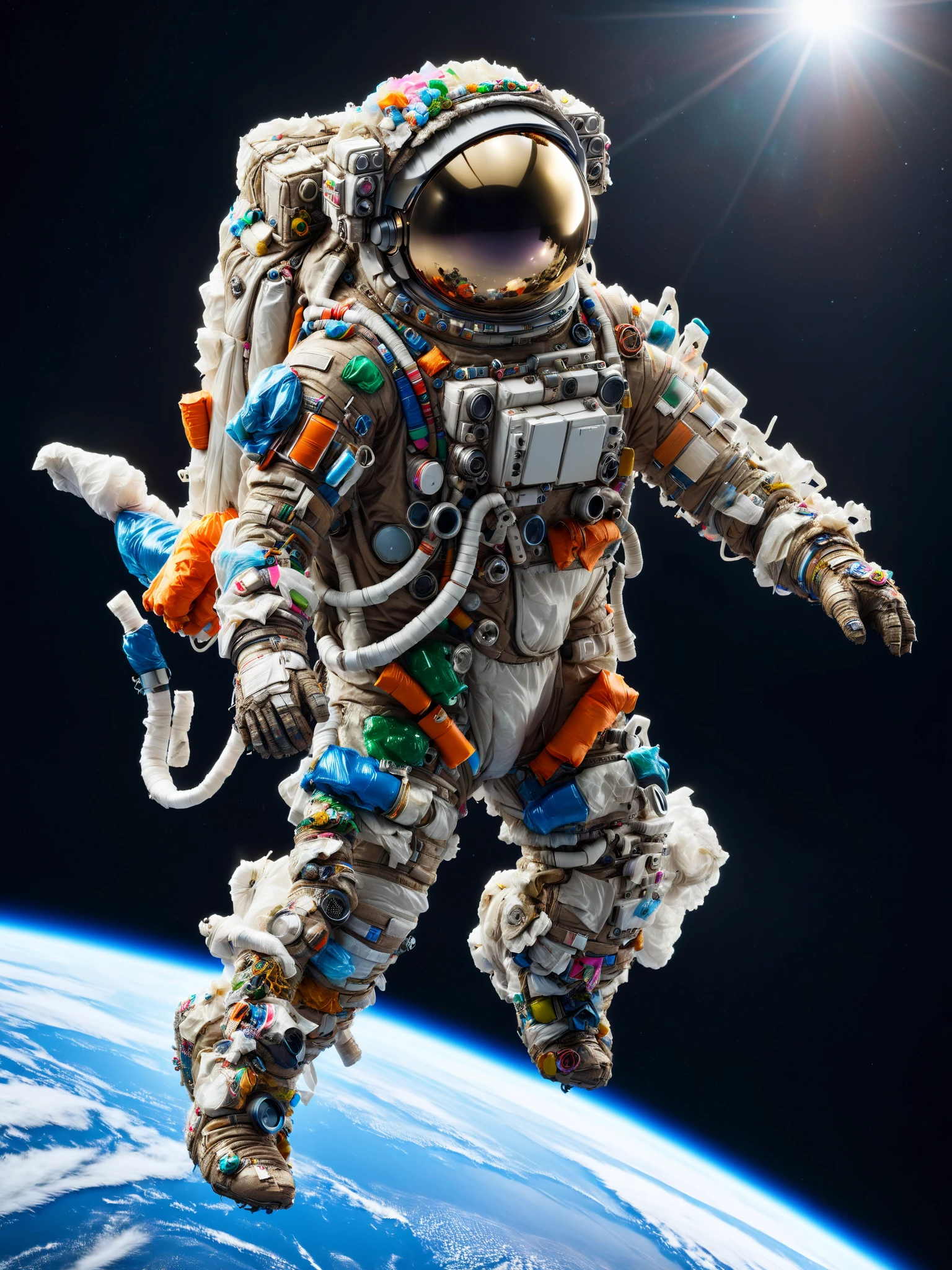 mad-garbage astronaut in orbit over earth, dynamic pose <lora:Garbage_SDXL:1.3>, raw photo, film grain, Fujifilm XT3, (photorealistic, realistic:1.2), deep shadow, 8k, uhd, dslr, ultra high res