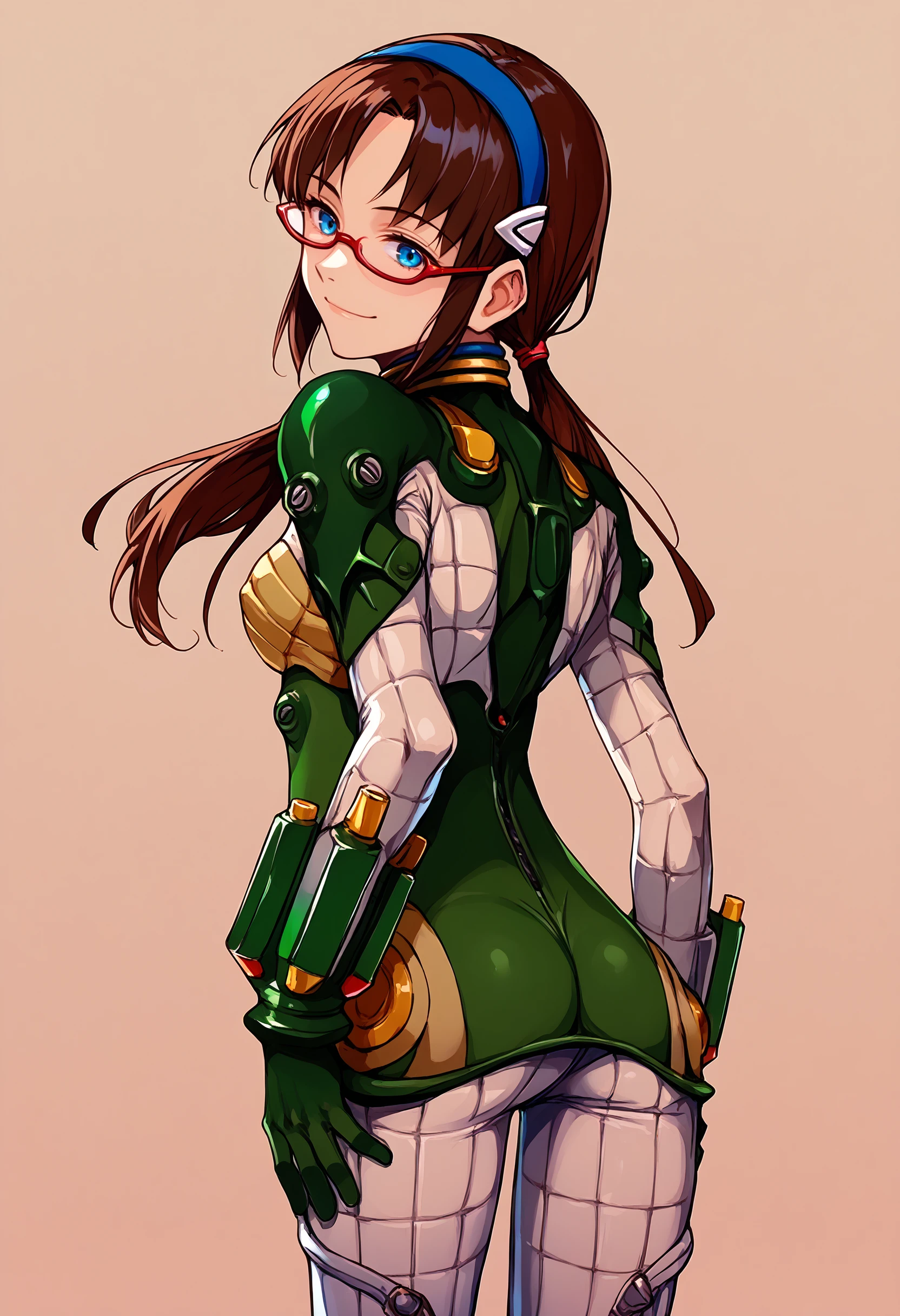 score_9, score_8_up, <lora:Degen_Mari_Green_v1:.9> mari-green, from behind, hairband, red-framed eyewear, green plugsuit, bracer, shldrhrness, quilted bodysuit, brown hair, blue eyes, cowboy shot, light smile, looking back <lora:tokeiUsagiArtistStyle_v10:1>