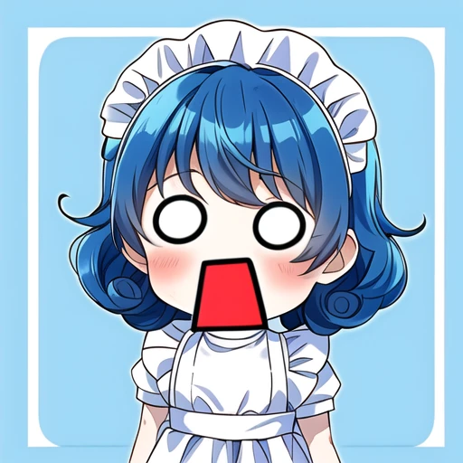mouth open, brown curly hair, blue hair, chibi, white t-shirt, white maid outfit