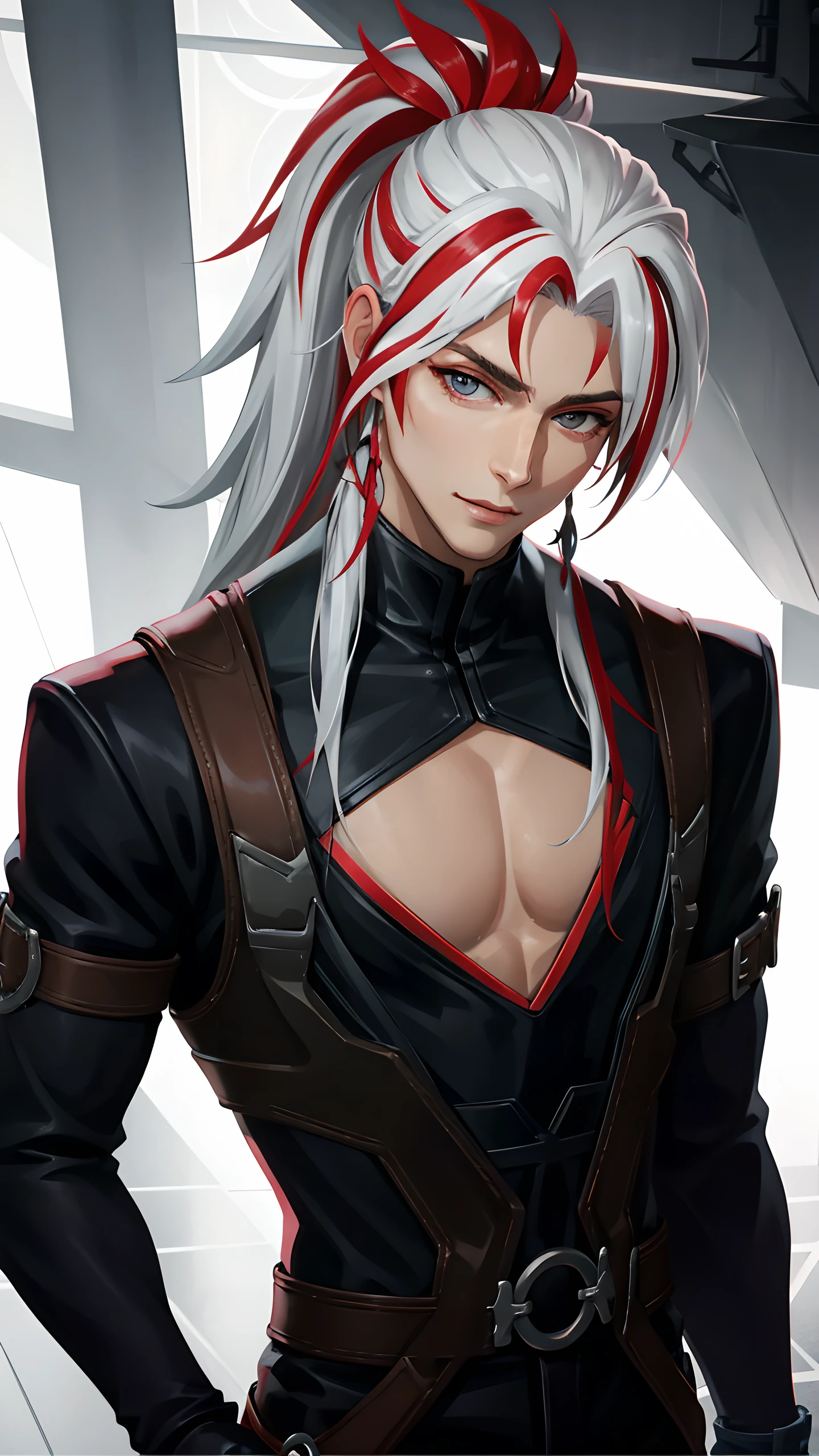 yone, solo, long hair, looking at viewer, gloves, 1boy, ponytail, white hair, grey hair, male focus, red hair, multicolored hair,  streaked hair, clothing cutout, cleavage cutout, pectorals,  <lora:Heartsleet_Yone:0.7>, (best quality), (masterpiece), upper body, light smile