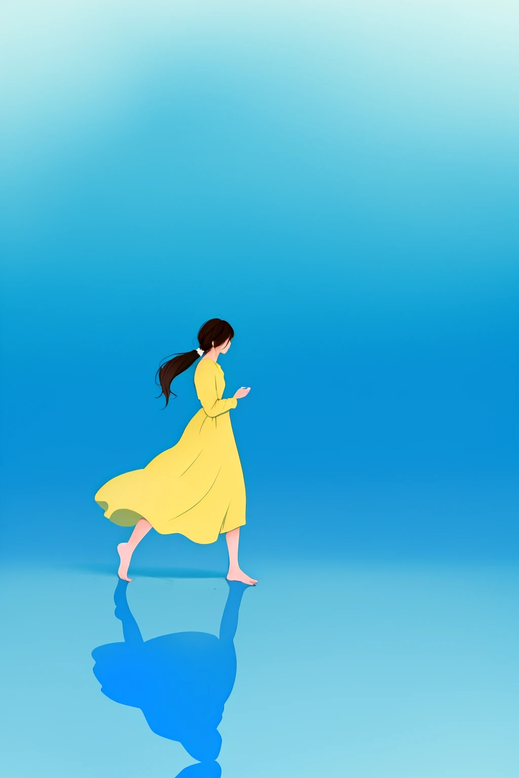 <lora:chat0515:0.8>,illustrations,1girl,solo,barefoot,dress,wide shot,brown hair,ponytail,yellow dress,profile,reflection,long hair,standing,walking,black hair,blue sky,long sleeves,