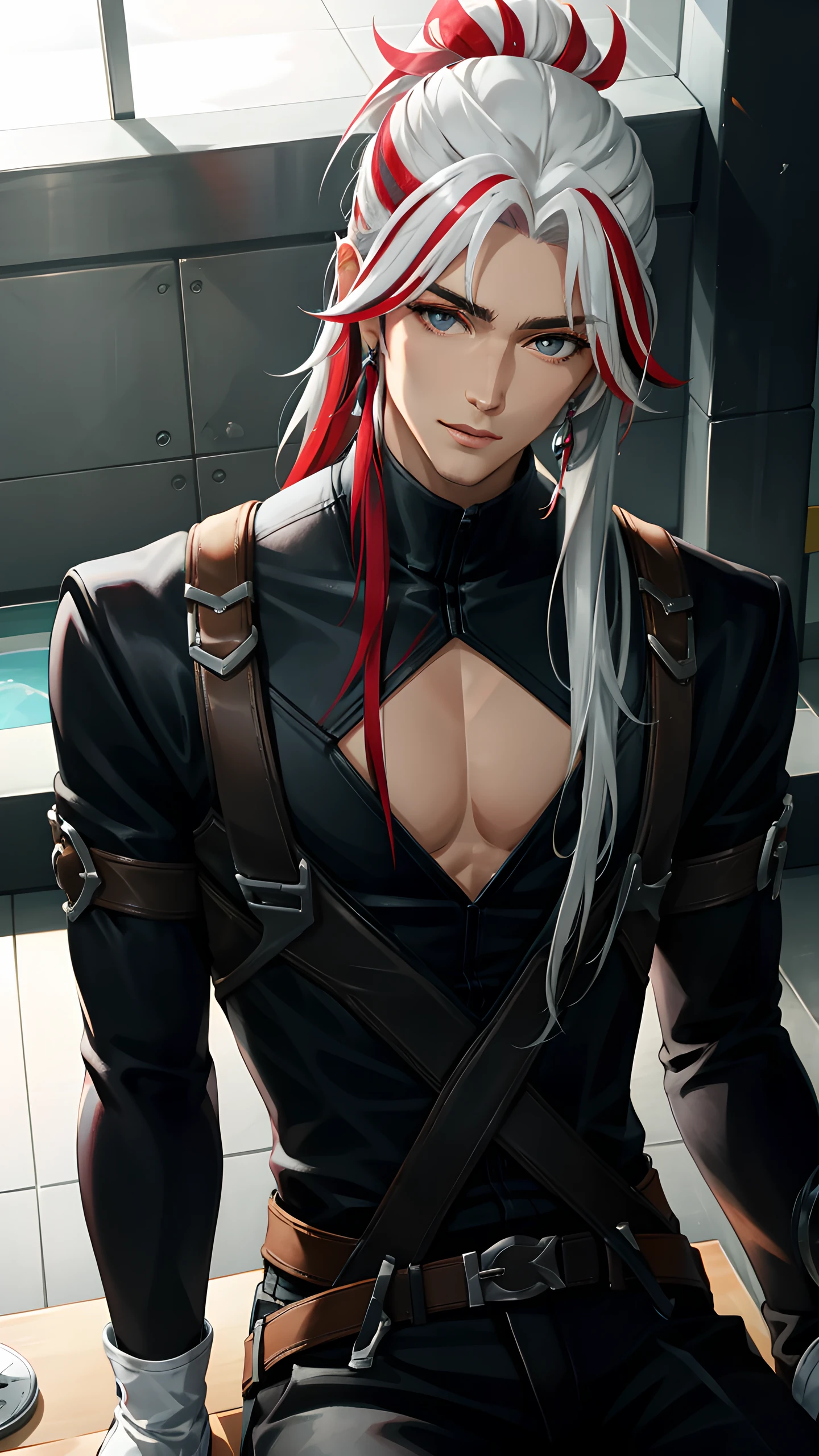 yone, solo, long hair, looking at viewer, gloves, 1boy, ponytail, white hair, grey hair, male focus, red hair, multicolored hair,  streaked hair, clothing cutout, cleavage cutout, pectorals,  <lora:Heartsleet_Yone:0.7>, (best quality), (masterpiece), upper body, light smile, sitting