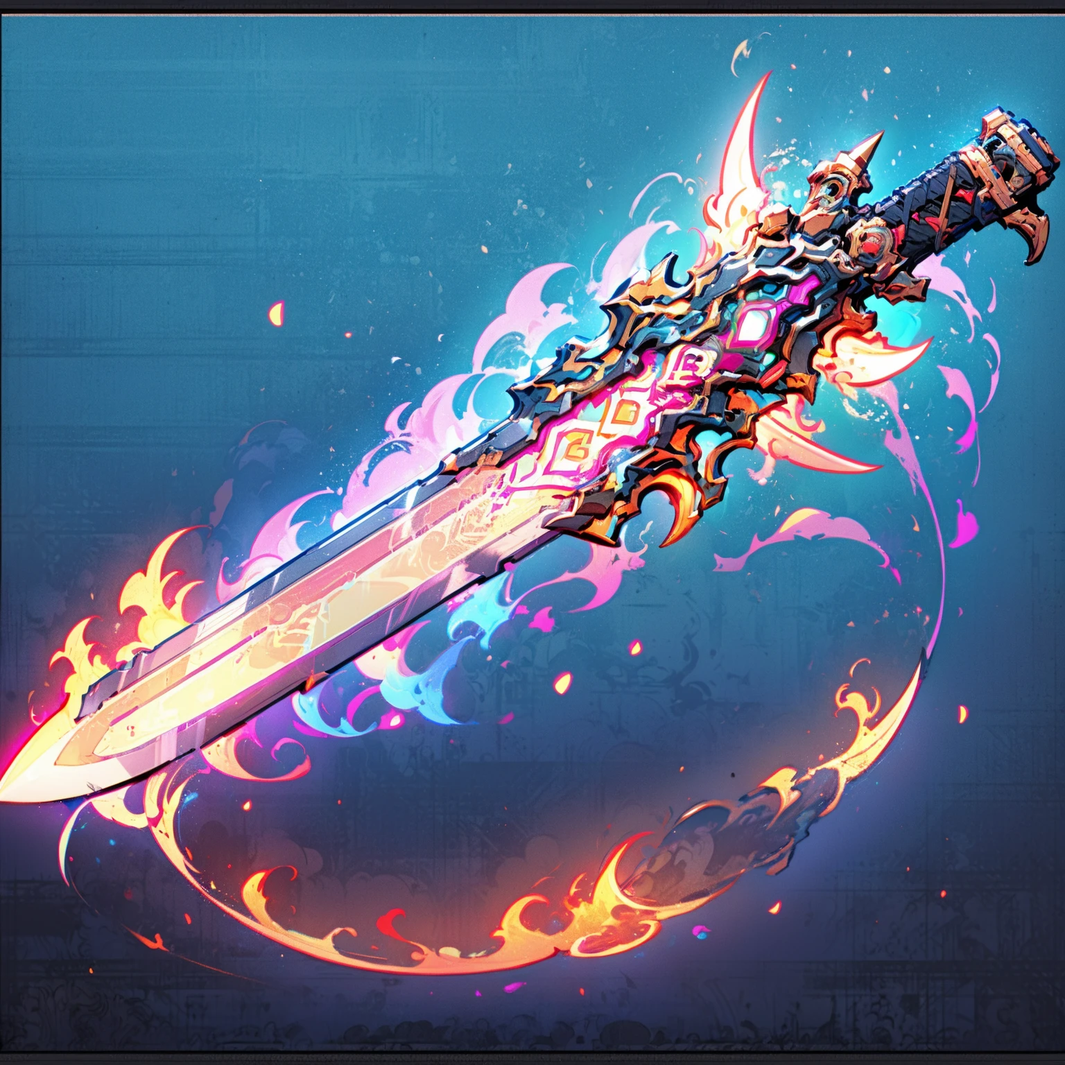 HEZI,game equipment items,ICONS,Cyberstyle,Weapons,no humans,weapon,sword,glowing,gradient,gradient background,glowing weapon,fire,fantasy,light particles,glowing sword,black background,still life,simple background,border,aura,flaming sword,solo,black border,flaming weapon,letterboxed,blue background,horns,flame,<lora:èµå游æéå
·-000016:0.7>,