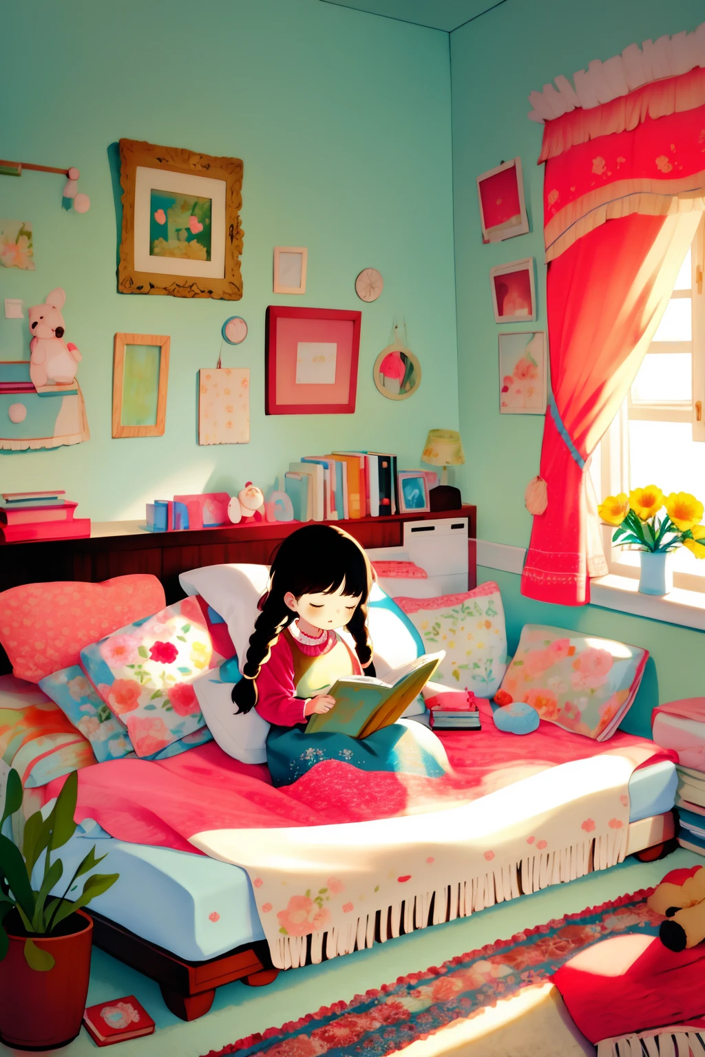 <lora:chat0515:0.8>,illustrations,1girl,window,book,curtains,indoors,braid,solo,flower,long hair,bangs,open book,sitting,pillow,stuffed toy,stuffed animal,teddy bear,black hair,yellow flower,long sleeves,fringe trim,picture frame,plant,twin braids,rug,dress,bookshelf,bedroom,holding,vase,reading,lamp,bed,child,floral print,blanket,sweater,