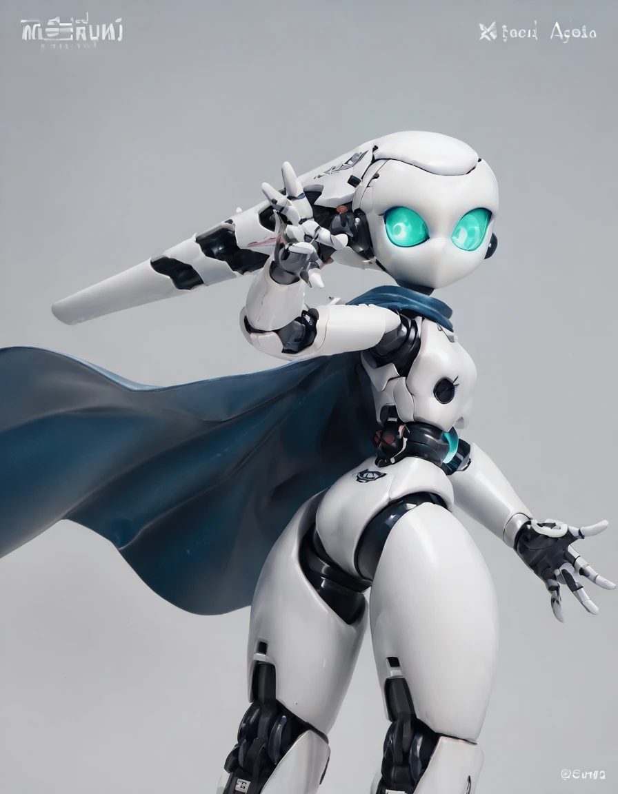 score_9, score_8_up, score_7_up, score_6_up, score_5_up, score_4_up, source_anime, drosselvonflugel, solo, looking at viewer, standing, weapon, looking back, grey background, cape, aqua eyes, glowing, glowing eyes