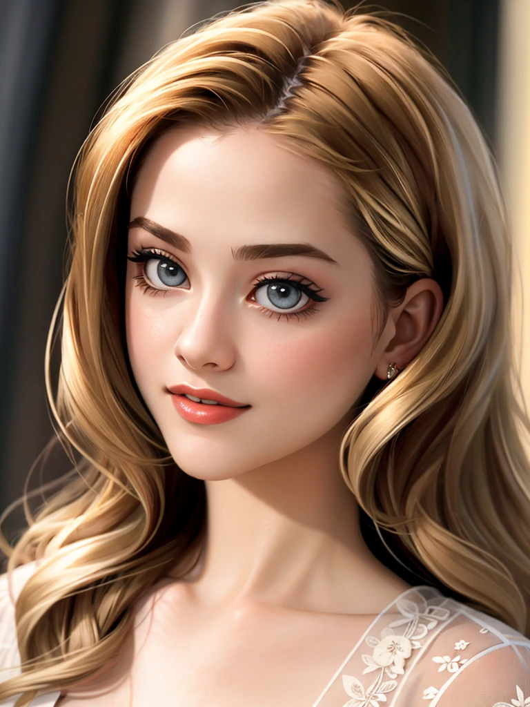 Realistic photo of a beautiful 3v4nr4ch3l woman,1girl, solo, long hair, smile, blonde hair, brown hair, parted lips, lips, looking to the side, grey eyes, portrait, close-up, realistic professional Photography, Photorealistic, detailed, RAW, analog, sharp focus, 8k, HD, DSLR, high quality, Fujifilm XT3, film grain, award winning, masterpiece<lora:3v4nr4ch3l:1.0>