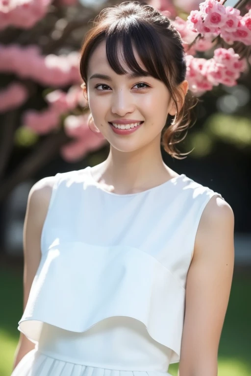 1girl,(RAW photo, best quality), (realistic, photo-realistic:1.4), masterpiece, an extremely delicate and beautiful, extremely detailed, 2k wallpaper, Amazing, finely detail, extremely detailed CG unity 8k wallpaper, ultra-detailed, highres, soft light, beautiful detailed girl, extremely detailed eyes and face, beautiful detailed nose, beautiful detailed eyes,cinematic lighting,perfect anatomy,slender body
wearing a white peplum dress,white skirt,(bokeh:1.2)
at a flower park,sakura flowers,flower garden,
,smile, (dimples)
<lora:momotakanako_lora:0.8>(hair with bangs)