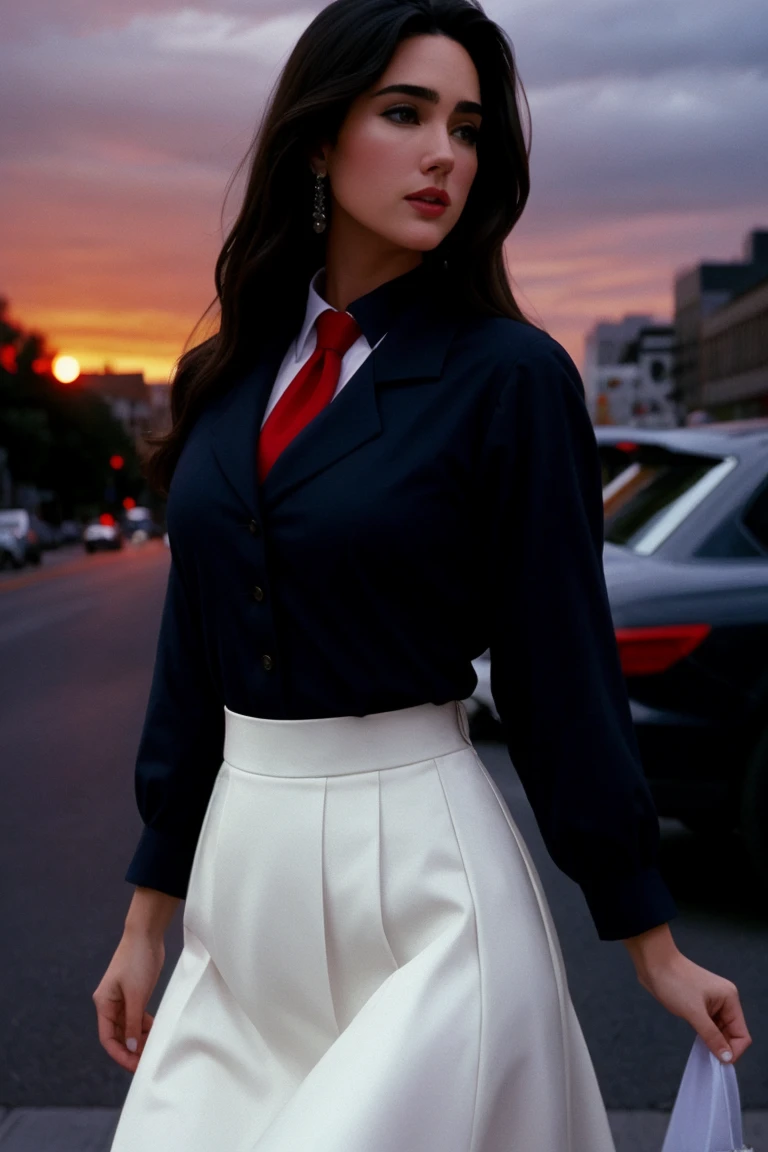 <lora:jenniferconnelly-04:0.6>,jenniferconnelly, , photo of a woman,  ,beautiful picture, fully clothed, outside, necktie, shirt, skirt, city street, sunset, detailed, closeup