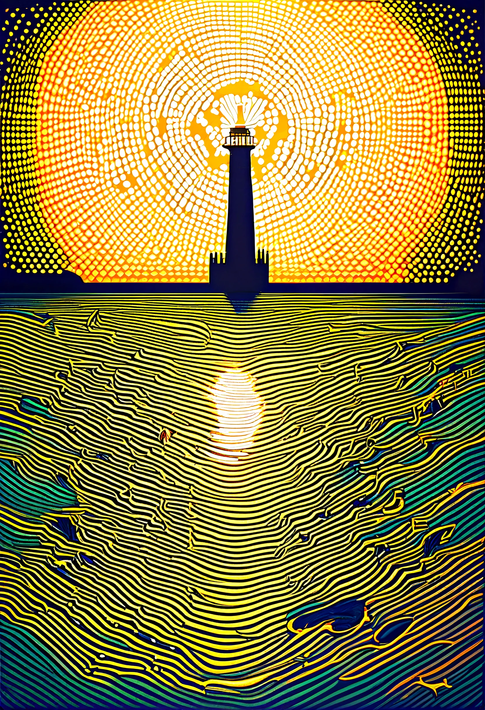 Pointillist style with small, distinct dots of color that blend together to form an image, very beautiful insanely detailed image of glowing seascape lighthouse in golden October". beautiful golden mountains, bright dark yellow ornate sun, by Victo_Ngai, Oleksandra Ekster, Malevich, Vladyslav Yerko and Alexander Jansson, Vladyslav Yerko! Very Complex perfect elegant composition! linen gesso acrylic paper, epic Dramatic lighting! Razor-sharp quality insanely detailed, deep colors realistic masterpiece, small dots, distinct, blend together, dotted, intricate, optical illusion, vibrant, detailed