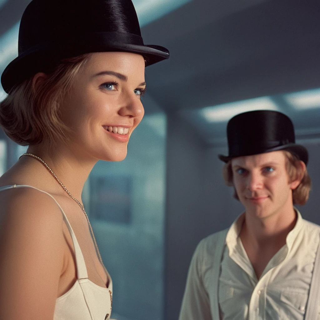 cinematic film still of  <lora:perfection style:0.5> <lora:detailed:0.5> perfection detailed
 <lora:Clockwork Orange film style:0.9>
Alex In a futuristic dystopian Britain a man in a top hat and white pants,1girl,solo,looking at viewer,smile,short hair,open mouth,brown hair,hat,parody,top hat,realistic , cinematic, film, kodak, Clockwork Orange film style, shallow depth of field, vignette, highly detailed, high budget, bokeh, cinemascope, moody, epic, gorgeous, film grain, grainy