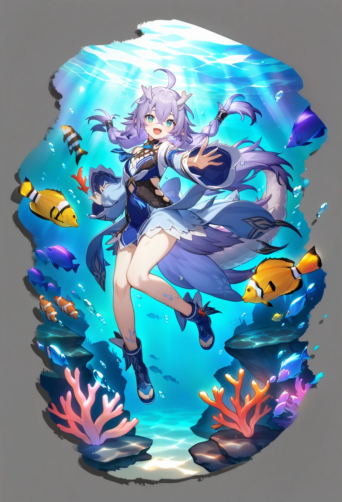 grey background, masterpiece, best quality, <lora:GachamiHoYoXL_ANI31_lokr_V42310:0.95> 1girl, coral, tail, hair tubes, dragon tail, dragon girl, braid, blue footwear, solo, horns, dragon horns, fish, long hair, open mouth, tropical fish, clownfish, dress, underwater, twin braids, crossed bangs, purple hair, smile, hair between eyes, pointy ears, bubble, ahoge, full body, blue dress, boots, long sleeves, looking at viewer, :d, air bubble, wide sleeves, water, rock, fang, twintails, aqua eyes