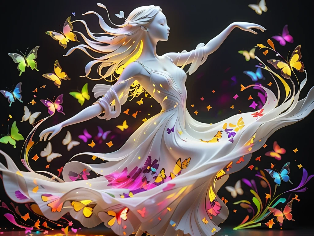 <lora:artfullyHOLOGRAPH_SDXL_V1:1>,arthlgrm,
((A delicate, ethereal figure in a flowing white dress dances gracefully.
Her hair, flowing in the wind, seems to be intertwined with light and butterflies.
The background features colorful, abstract floral and butterfly elements, enhancing the dreamy atmosphere, tilt shift, black background, neon lime, yellow, purple, and white highlights))