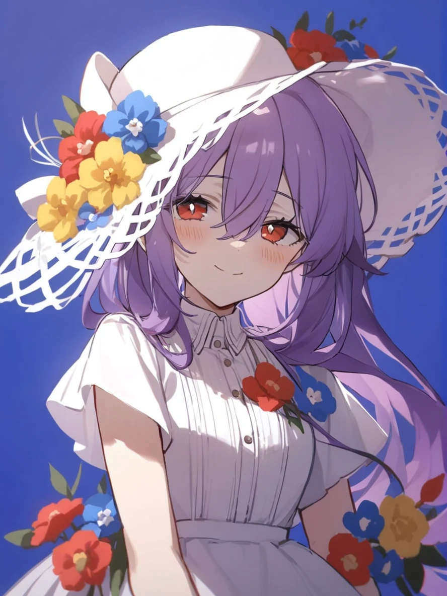 1girl,
solo, white headwear, pink flower, flower, red eyes, hair between eyes, closed mouth, upper body, short sleeves, hat flower, blush, long hair, smile, blue flower, simple background, blue background, white flower, dress, white dress, hat, red flower, yellow flower, purple hair, looking at viewer, alternate costume,
masterpiece, best quality, safe
<lora:mki-ani3-konya_karasue-v2:1>