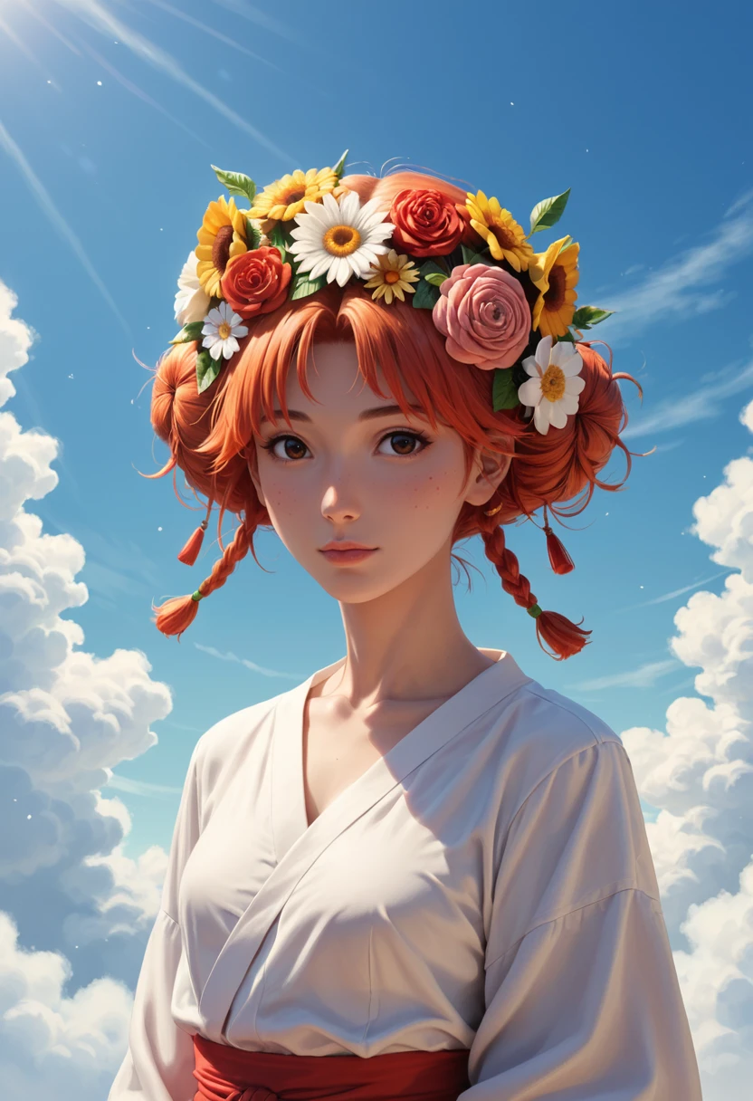 score_9, score_8_up, score_7_up, score_6_up, score_5_up, score_4_up,  Studio Ghibli aesthetic, vast and serene: A young woman with vibrantly colored hair, adorned with intricate flower pins, gazes out at a breathtaking vista of rolling green hills dotted with whimsical windmills under a sky painted with hues of orange and pink.