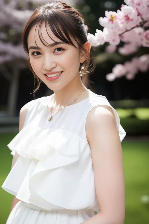 1girl,(RAW photo, best quality), (realistic, photo-realistic:1.4), masterpiece, an extremely delicate and beautiful, extremely detailed, 2k wallpaper, Amazing, finely detail, extremely detailed CG unity 8k wallpaper, ultra-detailed, highres, soft light, beautiful detailed girl, extremely detailed eyes and face, beautiful detailed nose, beautiful detailed eyes,cinematic lighting,perfect anatomy,slender body
wearing a white peplum dress,white skirt,(bokeh:1.2)
at a flower park,sakura flowers,flower garden,
,smile
 <lora:momotakanako_lora:0.8>
