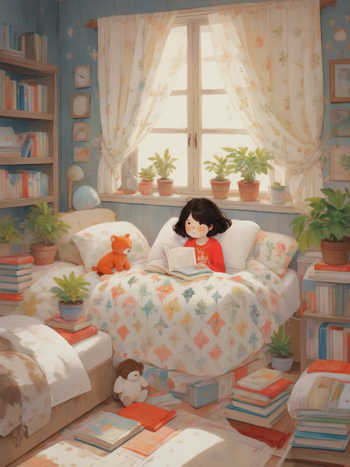 <lora:chatu0516:0.7>,illustrations,1girl,book,solo,plant,curtains,window,pillow,open book,book stack,clock,potted plant,bed,indoors,black hair,stuffed toy,stuffed animal,wide shot,brown hair,long hair,long sleeves,