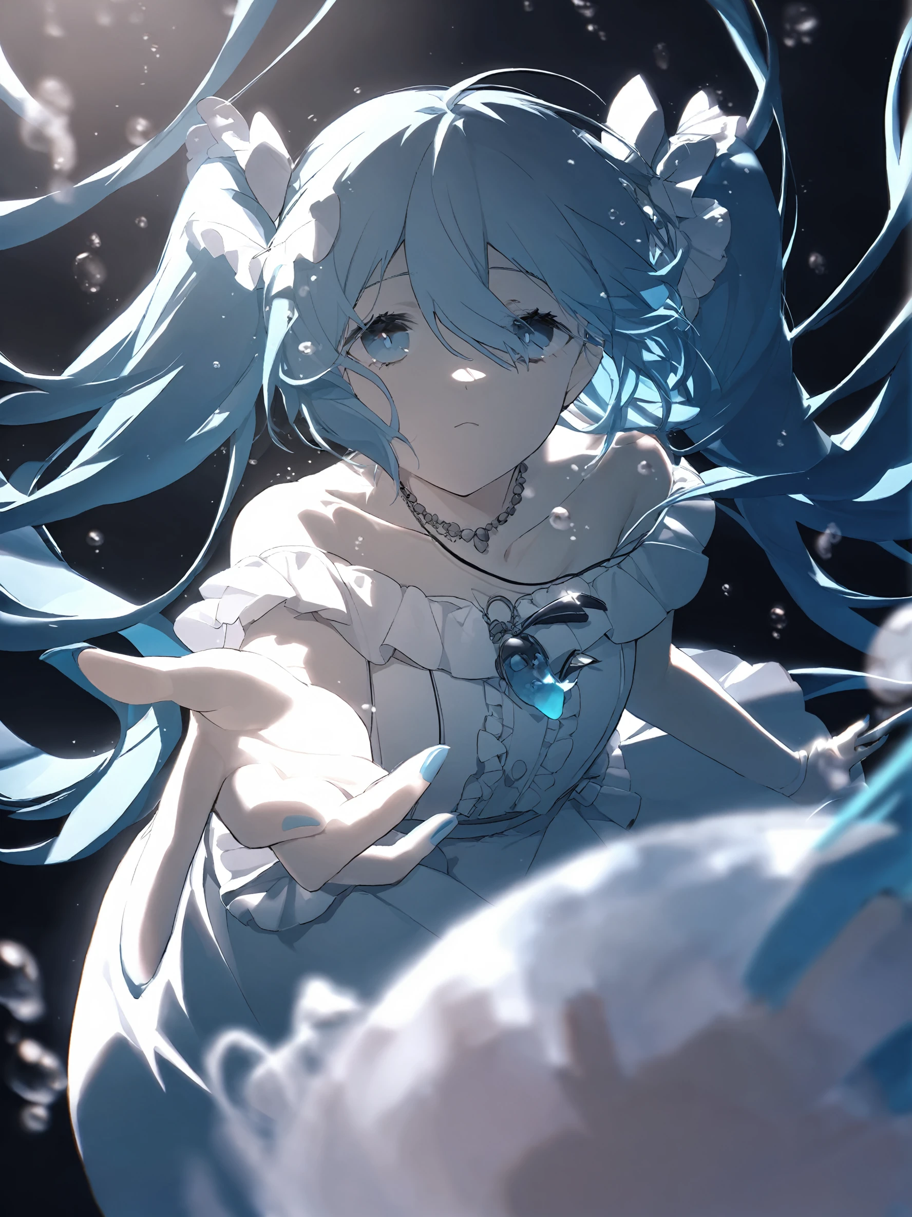 <lora:mki-ani3-konya_karasue-v2:1>,hatsune miku,dress,jewelry,long hair,bubble,necklace,white dress,twintails,underwater,reaching,blue eyes,1girl,air bubble,solo focus,blue hair,collarbone,hair between eyes,bare shoulders,frills,blurry,blue theme,frilled dress,floating hair,reaching towards viewer,blurry foreground,off-shoulder dress,very long hair,depth of field,pendant,blue nails,bow,hair bow,outstretched hand,submerged,off shoulder,