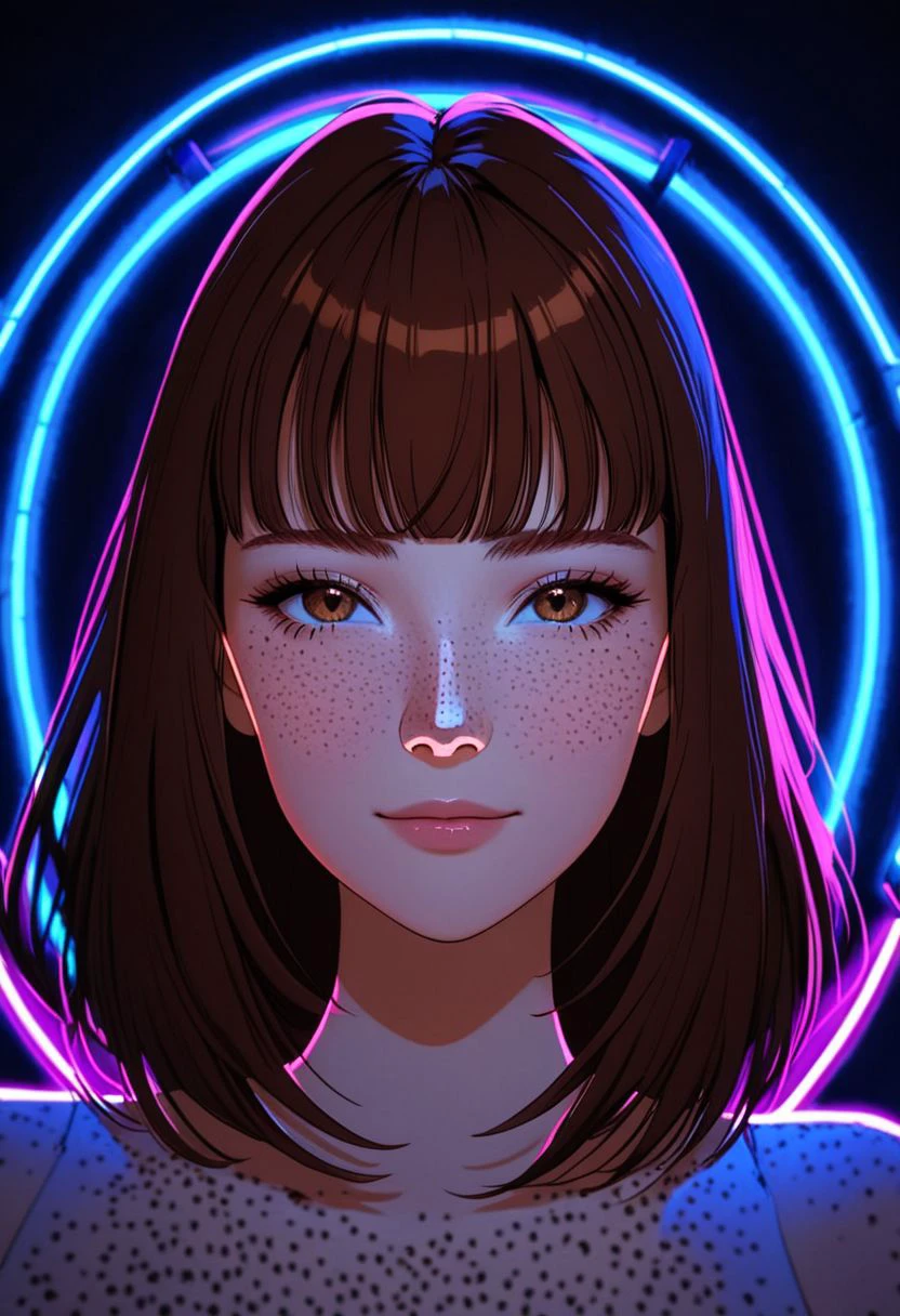 vpzdxizz, beautiful lady, (freckles), big smile, brown hazel eyes, Full Bangs, dark makeup, soft light, head and shoulders portrait, cover,  portrait, sidelighting, neon lighting, neon halo, ,  cinematic angle, masterpiece, best quality ,