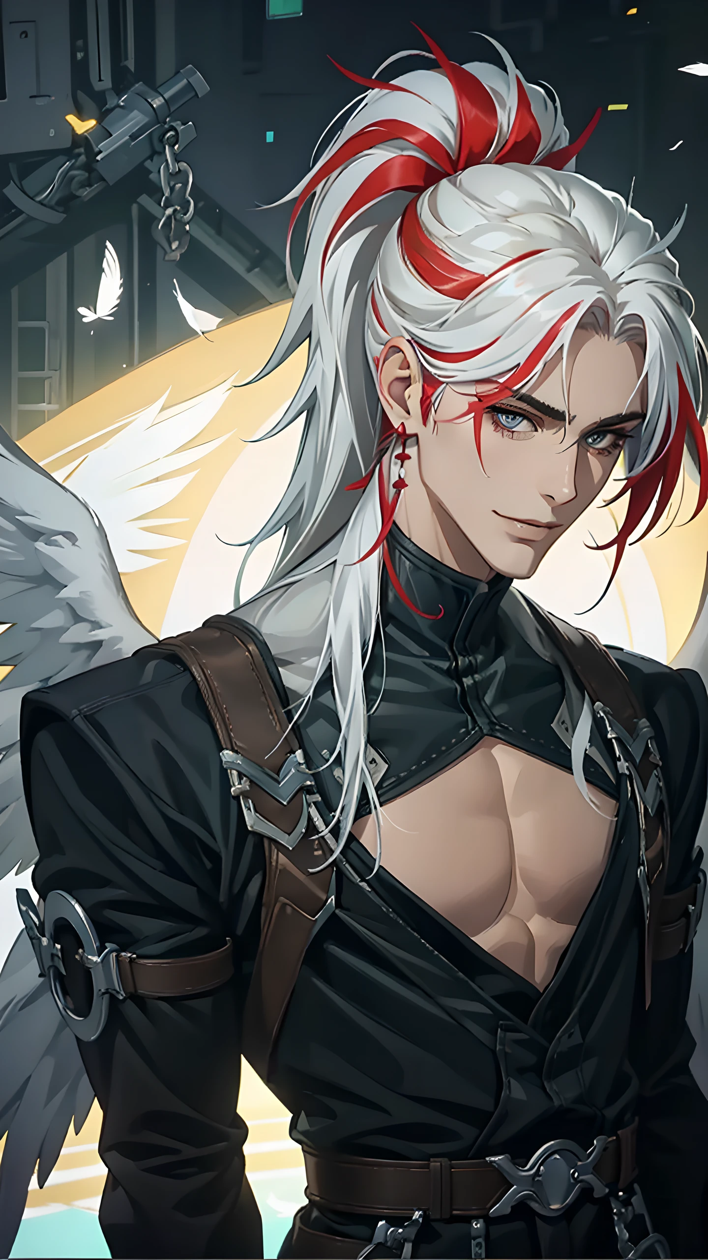 yone, solo, long hair, looking at viewer, gloves, 1boy, ponytail, white hair, grey hair, male focus, red hair, multicolored hair,  streaked hair, clothing cutout, cleavage cutout, pectorals,  <lora:Heartsleet_Yone-10:0.7>, (best quality), (masterpiece), upper body, light smile, glowing, masterpiece, best quality,  dynamic angle, ((smug)), topless, from side, upper body,  angel, (((angel wings, big wings, large wings))), feathers, (has_wings, angel_wings:1.3),angelic background, good hand,4k, high-res,