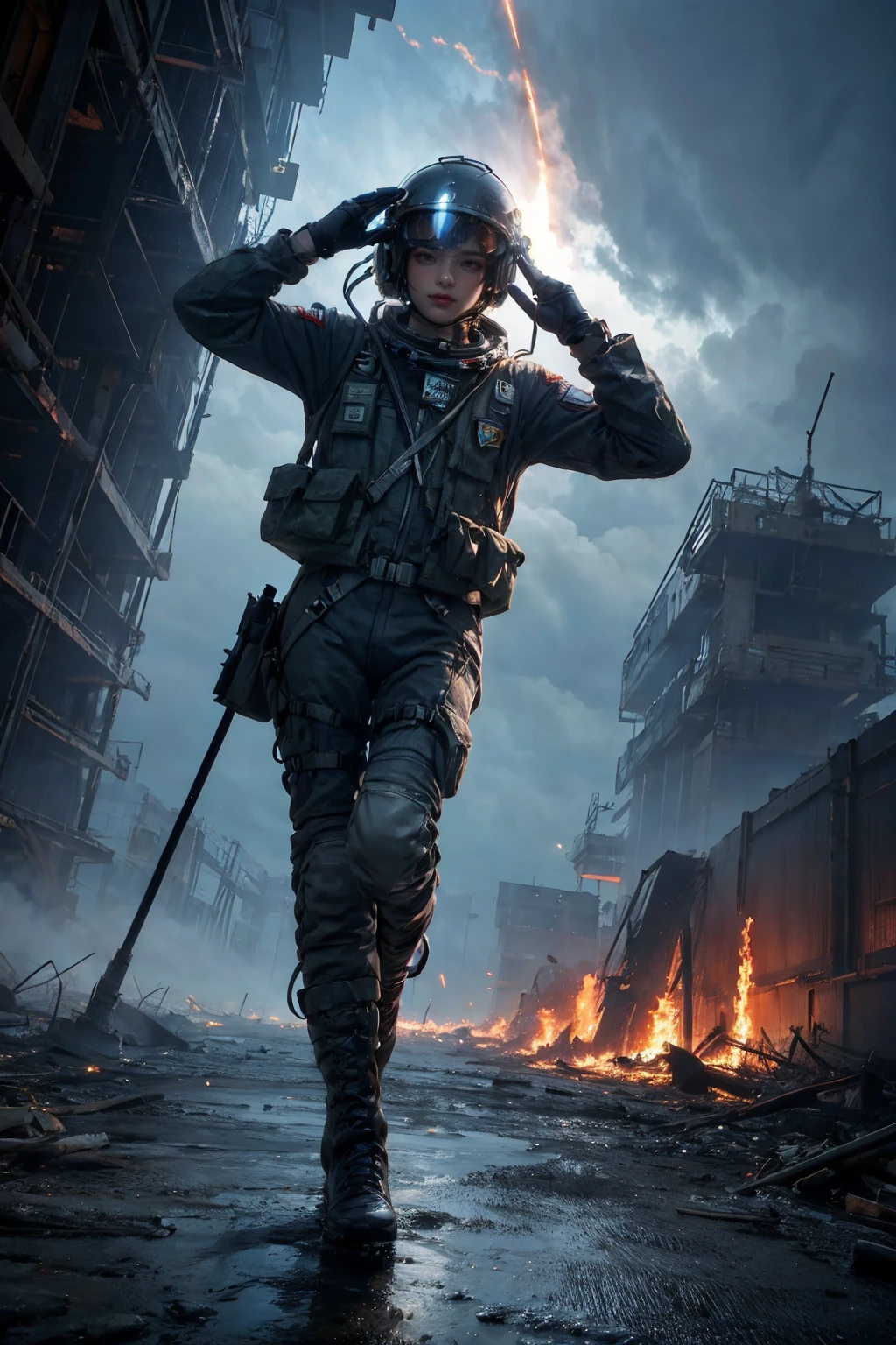 1girl, 
 heavy rain, 
bfbfbf, fire, battlefield, Best quality, ultra high res, excellent composition, cinematic atmosphere, dynamic dramatic ambient light, skirt, ponytail, space, alien, frills, long hair, suspenders, frilled shirt collar, landing castle, eyepatch, comic, planetary ring, english text, explosion, pantyhose, mundane utility, frilled dress, frilled skirt, dress, fiery hair, mug, aircraft, one-eyed, solo, high heels, suspender skirt, helicopter, teacup, cup, blu-ray, czech republic, 
masterpiece, aesthetic
 <lora:æåºæ°å´v3:0.6>