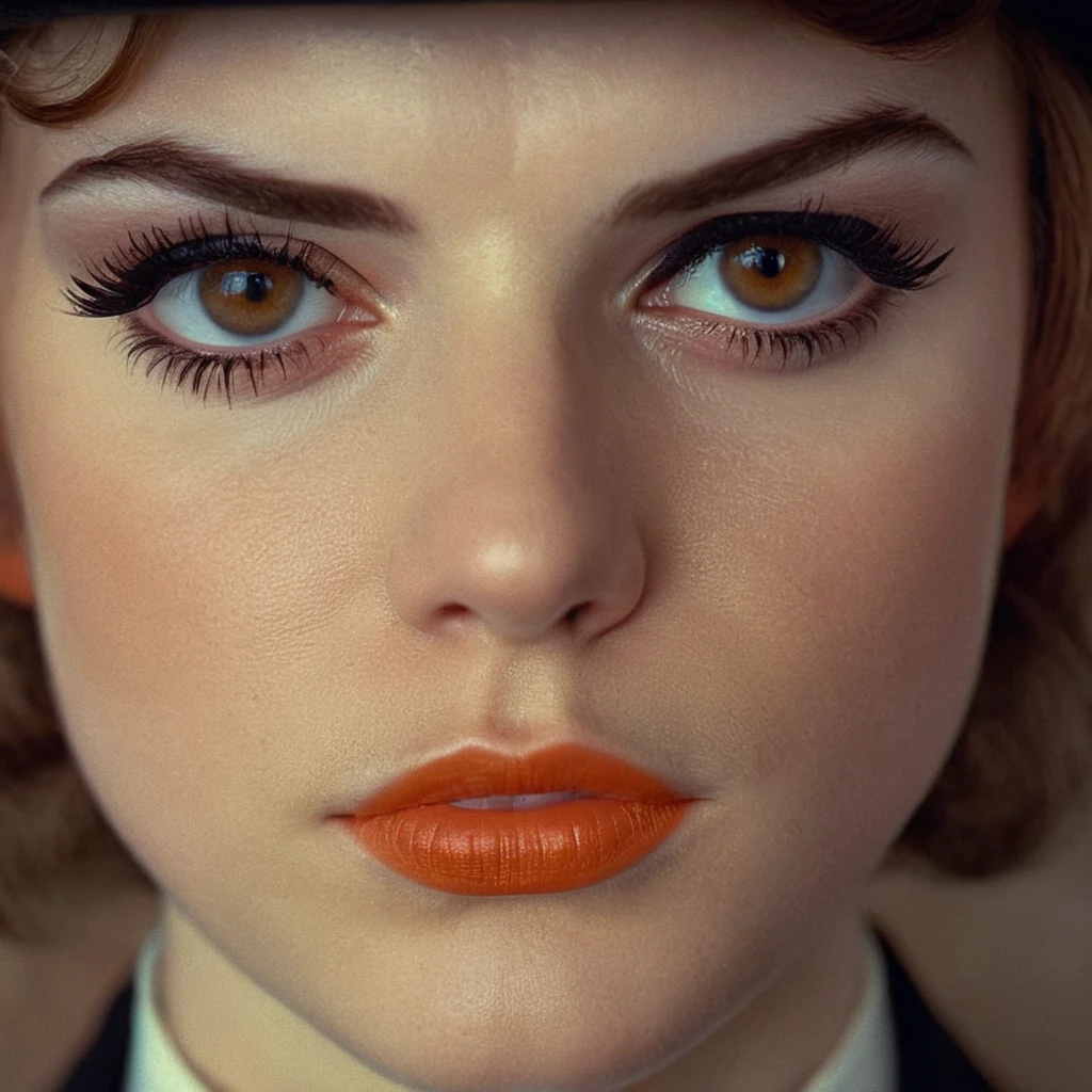 cinematic film still of  <lora:perfection style:0.5> <lora:detailed:0.5> perfection detailed
 <lora:Clockwork Orange film style:0.9>
Alex In a futuristic dystopian Britain a man with a top hat and eyeliners,1girl,solo,looking at viewer,short hair,brown hair,closed mouth,lips,portrait,close-up,freckles,brown background,realistic,nose , cinematic, film, kodak, Clockwork Orange film style, shallow depth of field, vignette, highly detailed, high budget, bokeh, cinemascope, moody, epic, gorgeous, film grain, grainy