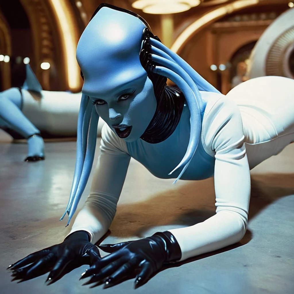 cinematic film still of <lora:detailed:0.5>
  <lora:perfection style:0.5>
<lora:Le Cinquieme Element style:0.5>
 <lora:Diva Plavalaguna :1>
Diva Plavalaguna In futuristic 2263 Diva a blue alien woman in a white outfit laying on the ground while looking at camera,1girl,solo,breasts,looking at viewer,hat,dress,jewelry,lying,white dress,colored skin,on side,black nails , 23rd century, realistic, cinematic, film, movie, sci fi, science fiction, action film, The Fifth Element style, Le Cinquieme Element style, operatic performer, shallow depth of field, vignette, highly detailed, high budget, bokeh, cinemascope, moody, epic, gorgeous, film grain, grainy