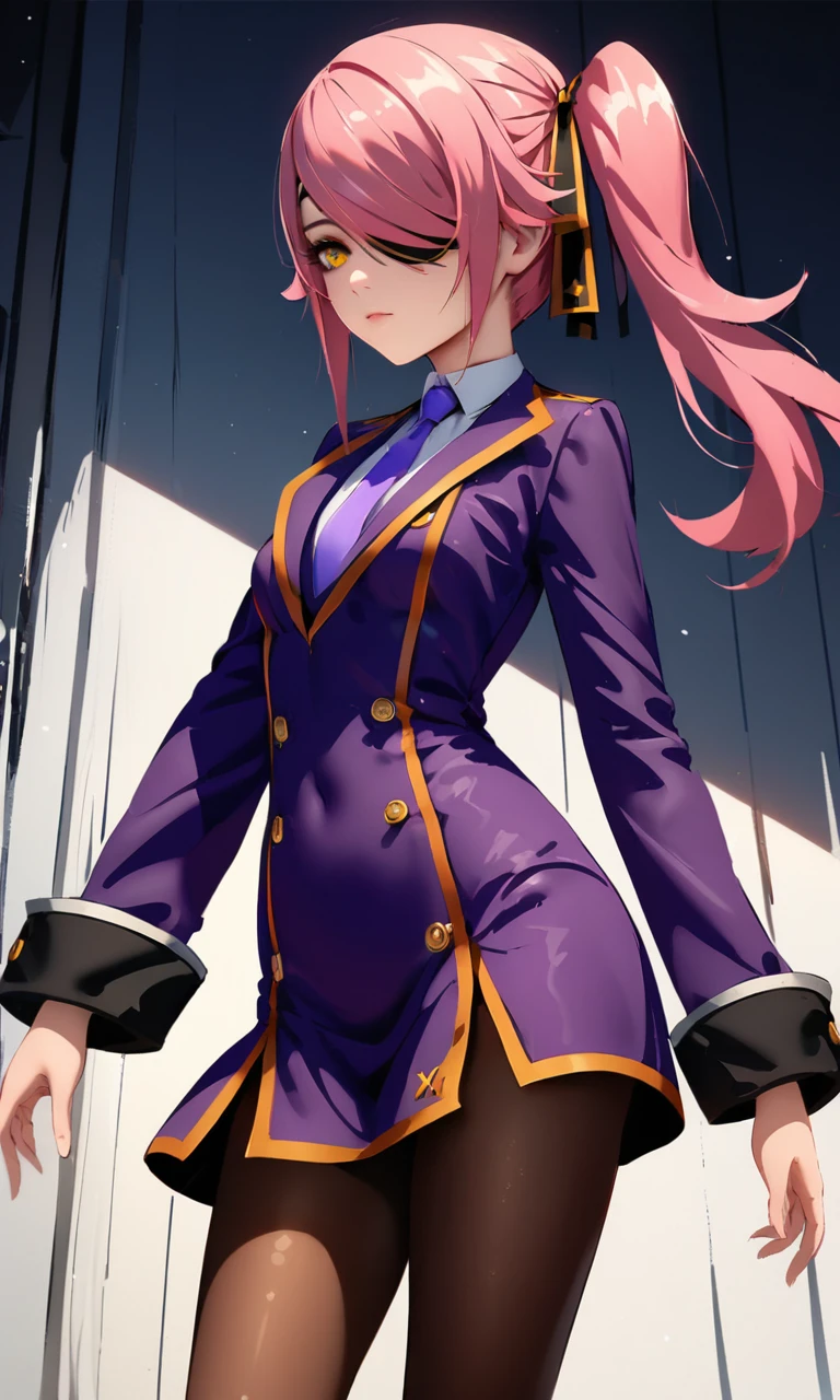 (masterpiece), (best quality), (ultra-detailed), Konoe_Ayatsuki_Mercury \(XB\),1girl, solo, long hair, long sleeves, dress, yellow eyes, pink hair, breasts, small breasts, pantyhose, necktie, hair over one eye,purple uniform, side ponytail, orange eyes, eyepatch, illustration, disheveled hair, detailed eyes, perfect composition, moist skin, intricate details, earrings, by wlop, Konoe_Ayatsuki_Mercury \(XB\),1girl, solo, long hair, long sleeves, dress, yellow eyes, pink hair, breasts, small breasts, pantyhose, necktie, hair over one eye,purple uniform, side ponytail, orange eyes, eyepatch, cinematic, stunning, highly detailed, formal