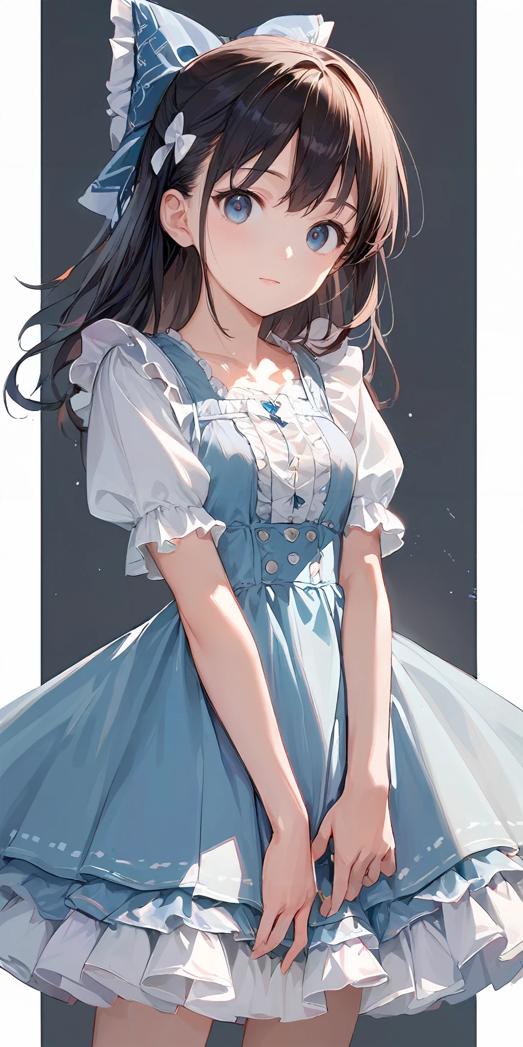 score_9, score_8_up, score_7_up,source_anime, high res image,masterpiece,best quality,girl,cowboy shot,cute face,simple background, <lora:gothic dress_Pony_V1.0:1> jyojifuku, dress, frills, ribbon, hair bow