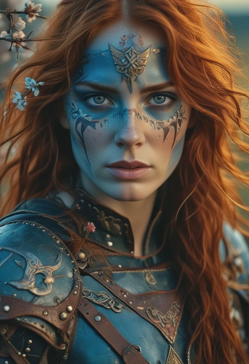close up portrait of an Irish woman, red haired female, celtic warrior , beautiful, long red hair, blue warrior face paint under her eyes, leather armour, soft lighting, film grain, , upper body, epiCPhoto, Prunus spinosa flowers, sunset sky, stunning, contest winner, hyperrealism, steven mccurry portrait, photography alexey gurylev, alessio albi
