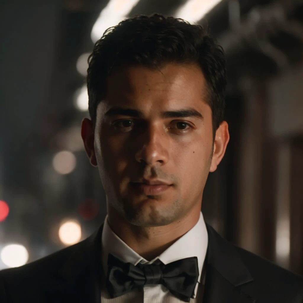DLSR photo of bababruno person using a tuxedo, face portrait, in blade runner, daylight, professional photography, high resolution, detailed photo, RAW, still film, f/16, uhd, hdr, 4k <lora:bababruno_69300:1>