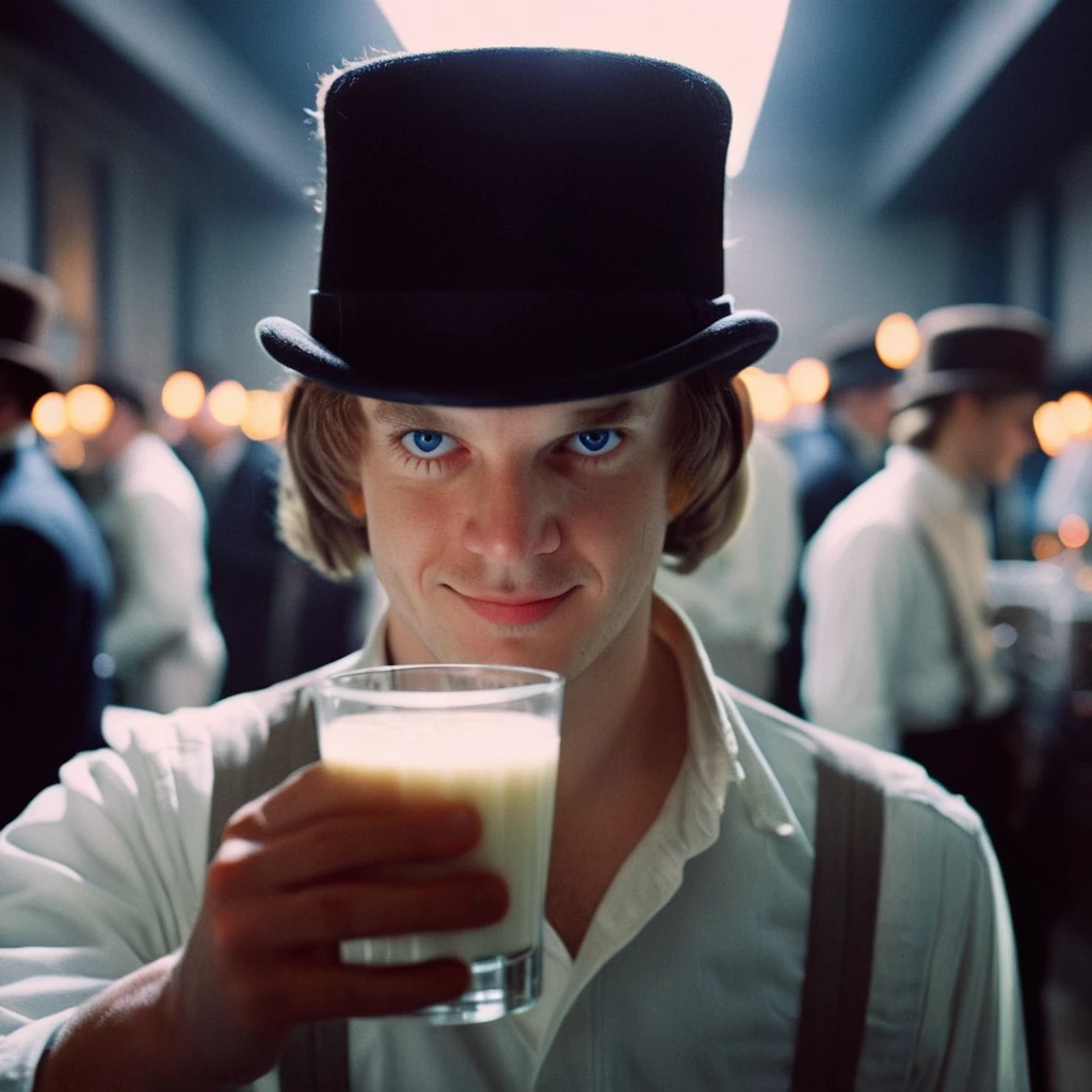 cinematic film still of  <lora:perfection style:0.5> <lora:detailed:0.5> perfection detailed
 <lora:Clockwork Orange film style:0.9>
Alex In a futuristic dystopian Britain a man in a top hat holding a glass of milk,solo,looking at viewer,smile,blue eyes,brown hair,1boy,hat,male focus,cup,drinking glass,realistic , cinematic, film, kodak, Clockwork Orange film style, shallow depth of field, vignette, highly detailed, high budget, bokeh, cinemascope, moody, epic, gorgeous, film grain, grainy