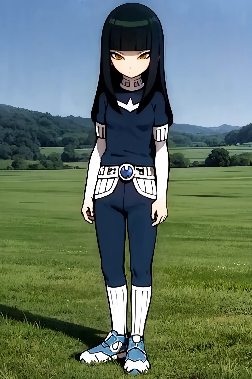 masterpiece, best quality,
1girl, dhanna, black hair, blunt bangs, long hair, yellow eyes,
protocolomega uniform, belt, bodysuit,, white socks, shoes,
standing, full body, solo, looking at viewer, blue sky, grass, meadow background <lora:Dhanna:1>