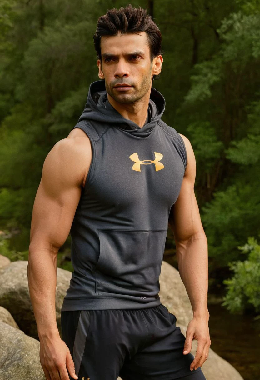 photo of johnathon schaech a man <lora:gaurav-arora_Johnathon-Schaech:1>, wearing a sleeveless well-fitted under armour hoodie and compression shorts, standing on a boulder, outdoor trail, 35mm photograph, film, bokeh, professional, 4k, highly detailed, creek in the background, natural lighting, golden hour