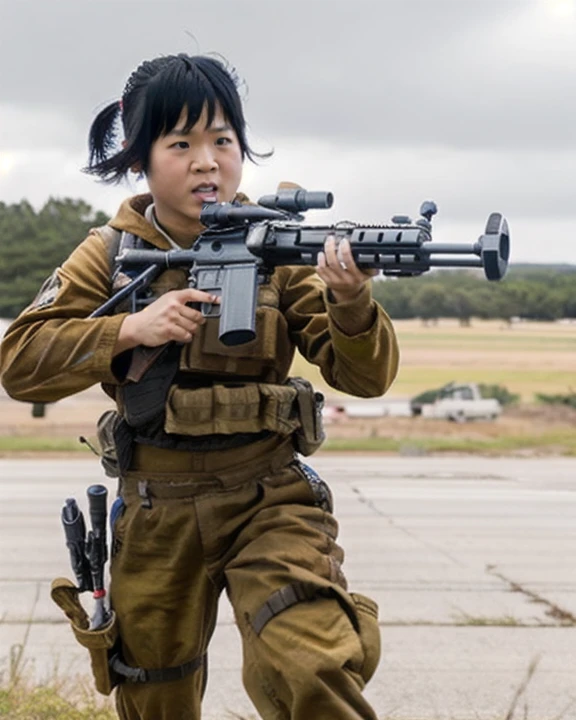 <lora:rosetico_lora:0.8>, rosetico, woman, asian, light beige skin, black ponytail hair with bangs, kelly marie tran, on the battlefield, (action shot:1.2), <lora:BetterGuns-V1:0.8>, holding a rifle, smg, explosions in distance, war, running, cinematic