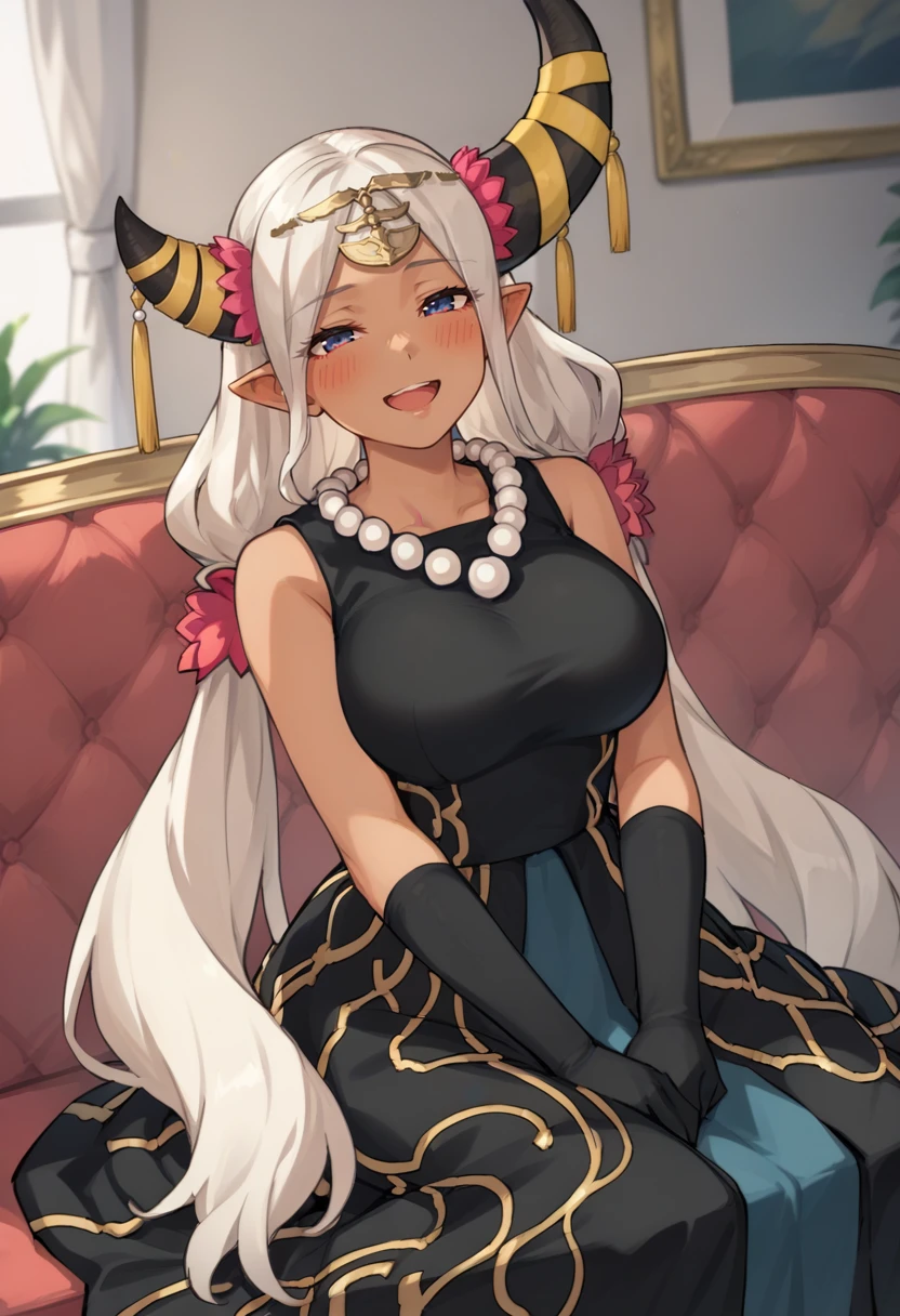 score_9, score_8_up, score_7_up, source_anime, BREAK 1girl, solo, sitting, smile, open mouth, blush, hands on lap, <lora:ZephiaFE-pdxl:1> casZel, dark skin, very long hair, twintails, pointy ears, horns, yellow horn ornament, pearl necklace, large breasts, black dress, bare shoulders, black elbow gloves, indoors, couch